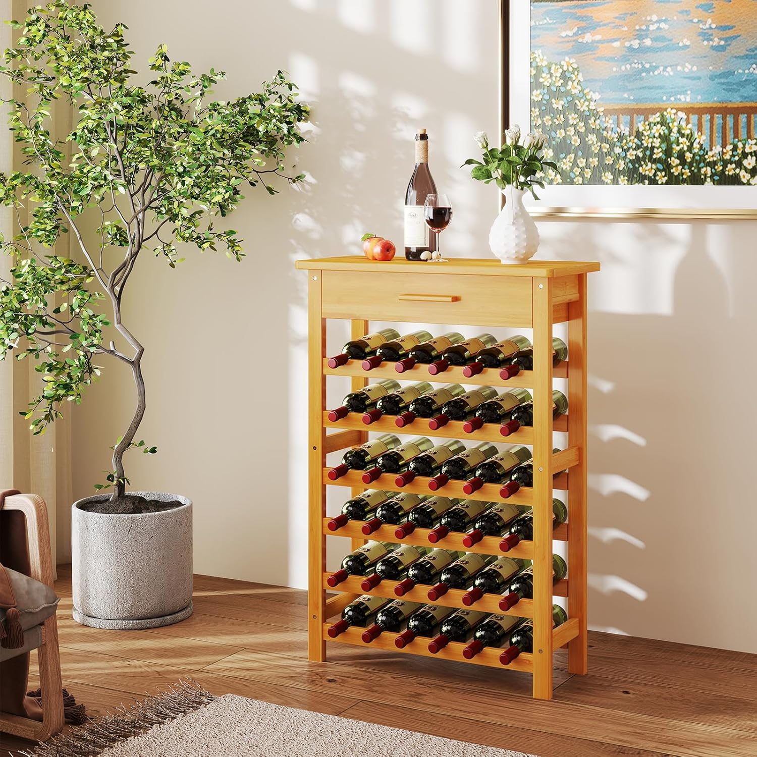 Kinbor 6-Tier Bamboo Wine Rack with Drawer 1