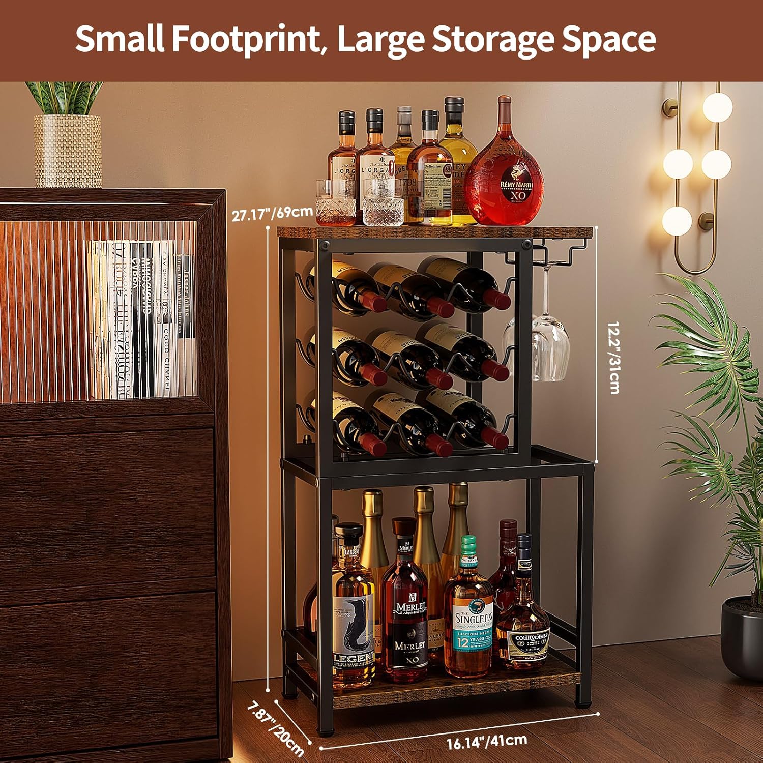 Nuovoware 3 Tier Wine Rack Tabletop with Glasses Holder BlackBrown
