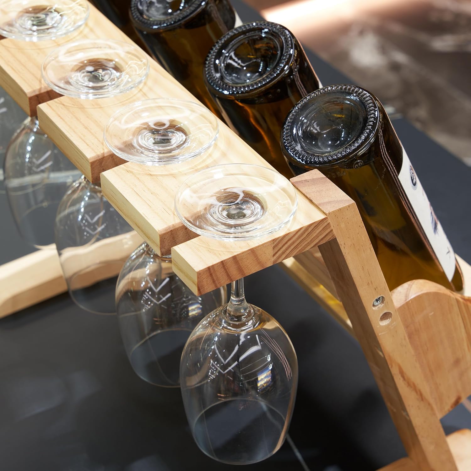 Stylish Pine Wood Wine Rack with Cup Holder