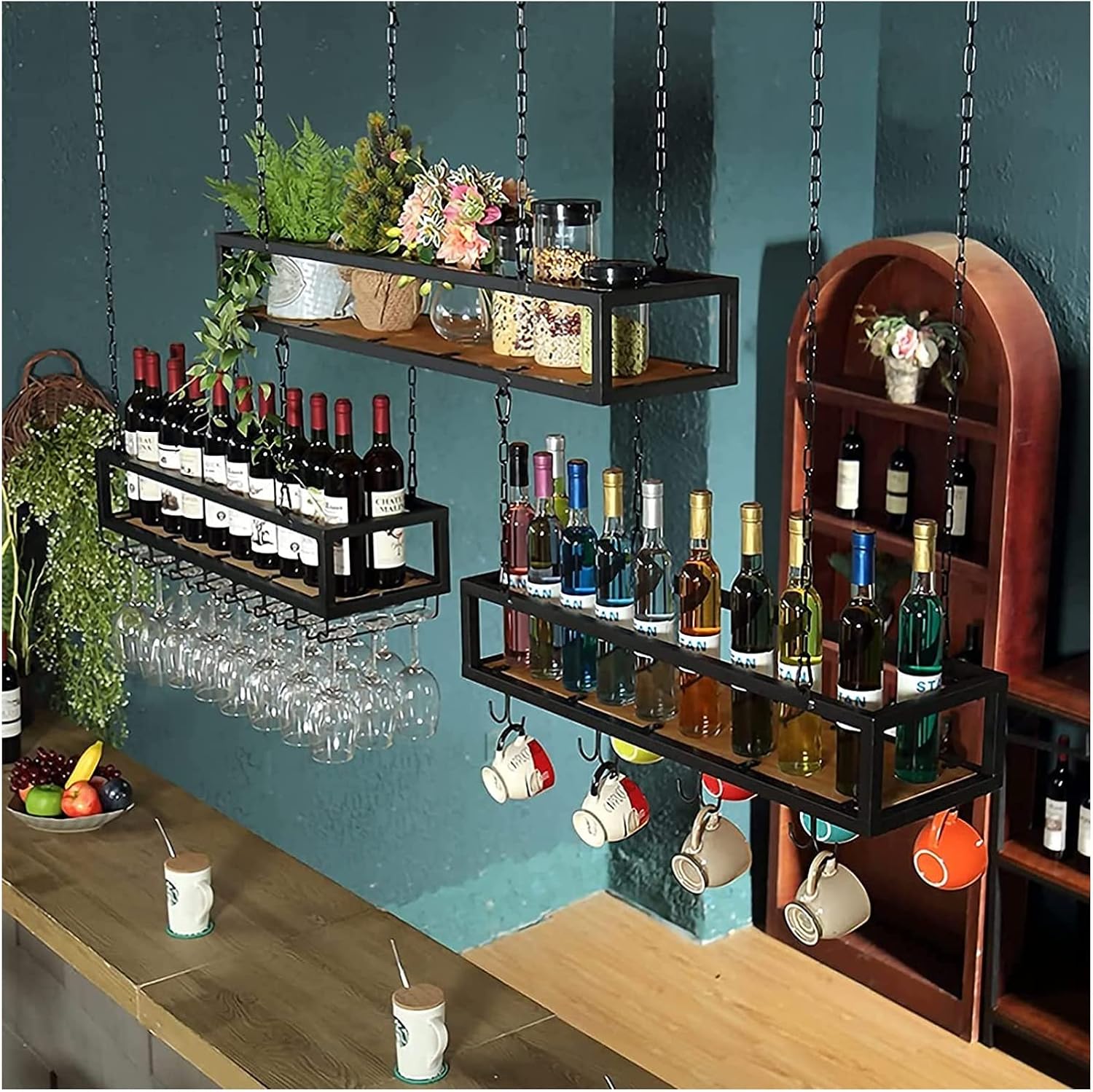ALDEPO Adjustable Height Metal Wine Rack with Glass Holder