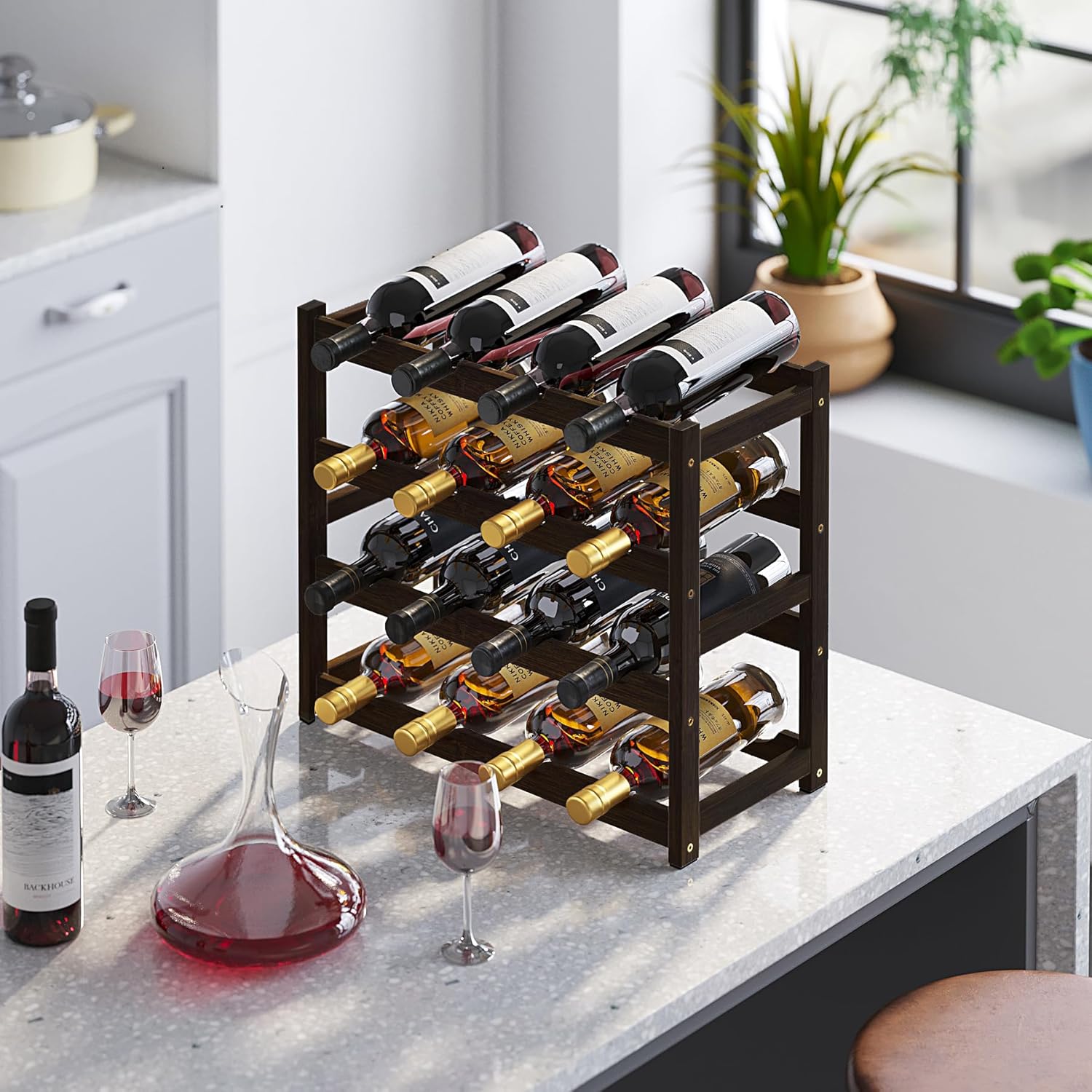 BAMEOS 4 Tier Bamboo Wine Rack Freestanding