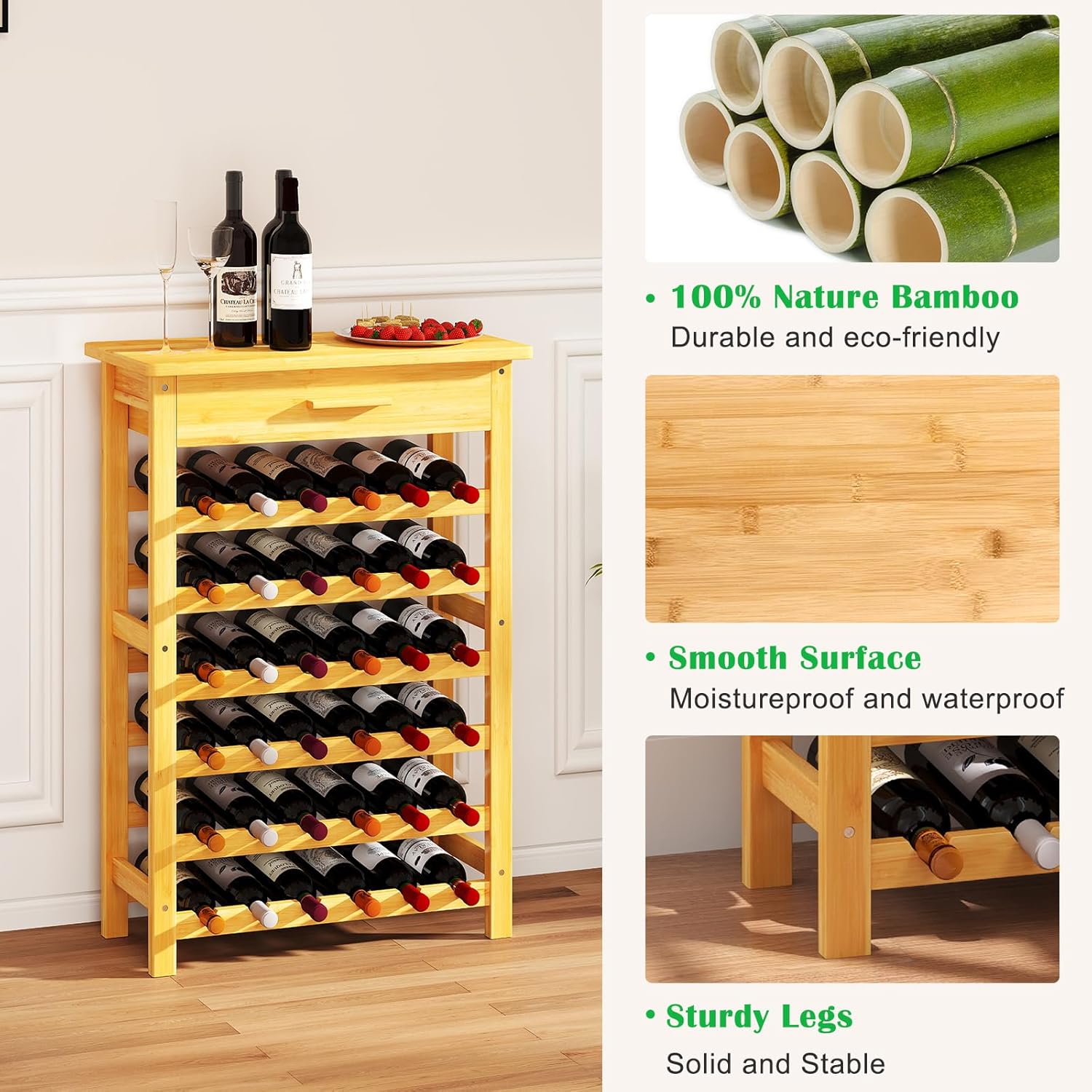 JSUN7 36 Bottle Bamboo Wine Rack - Space-Saving Display