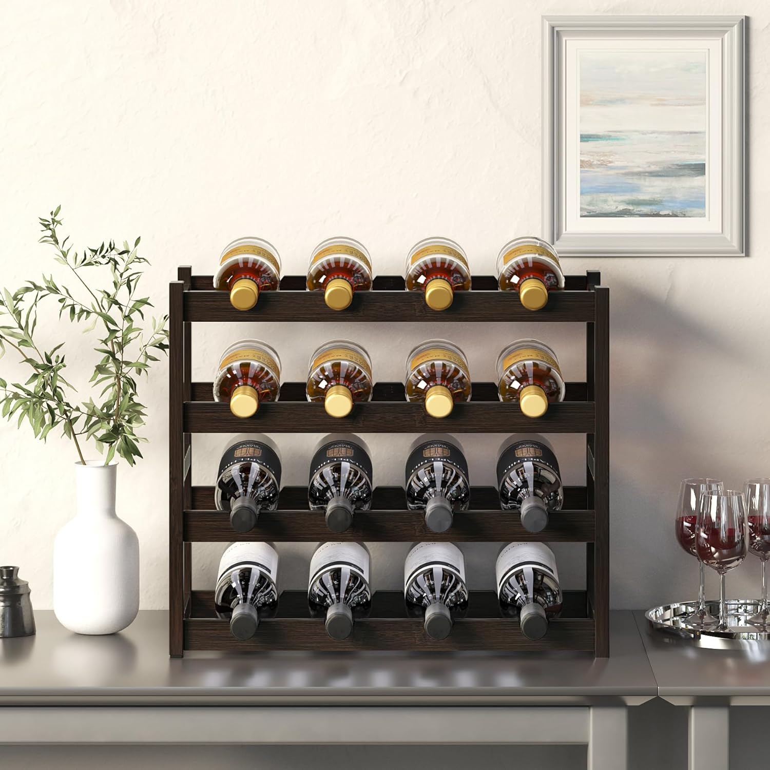 BAMEOS 4 Tier Bamboo Wine Rack Freestanding