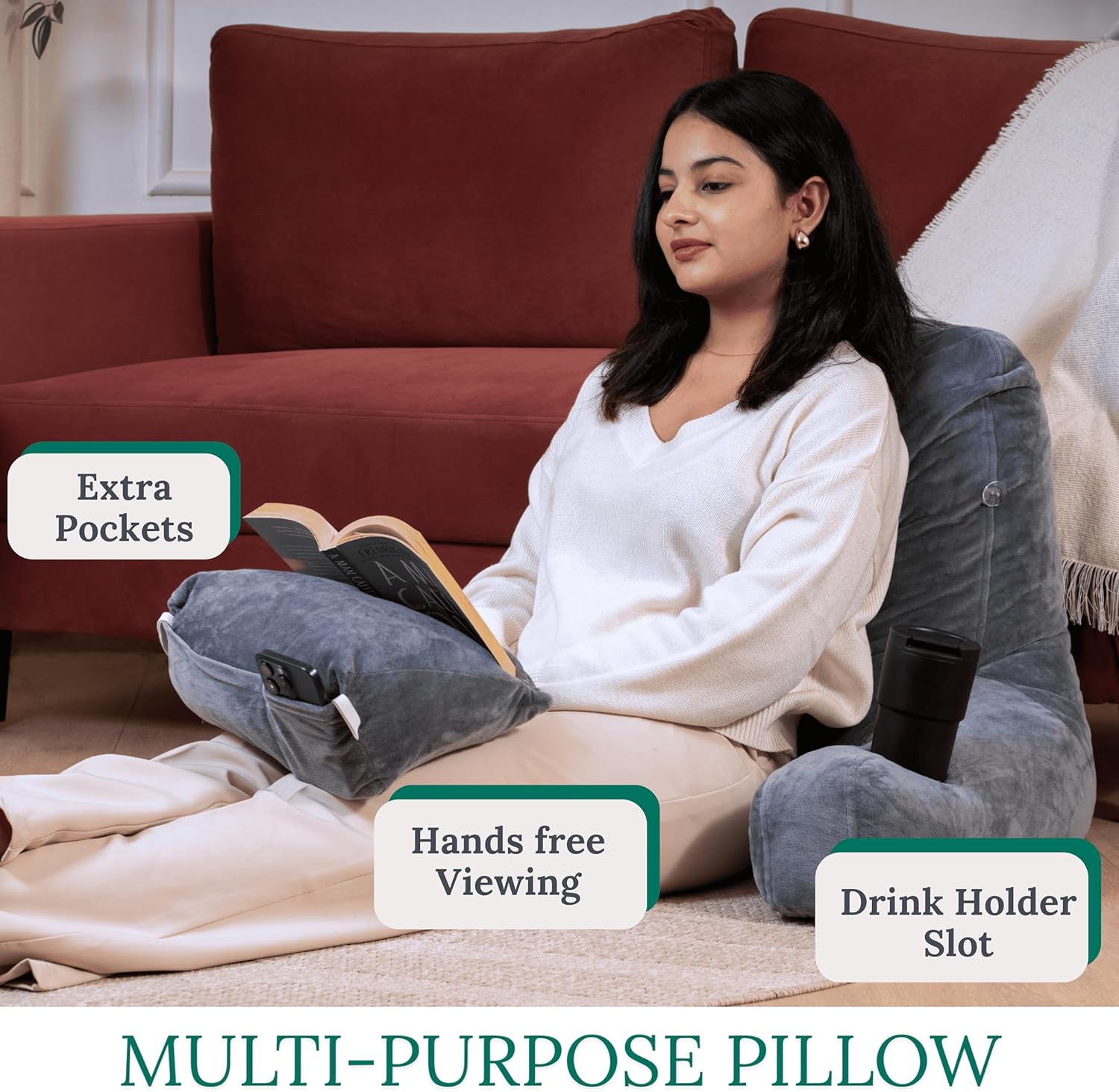 XL Memory Foam Reading Pillow with Armrests and Cup Holder - Charcoal Grey