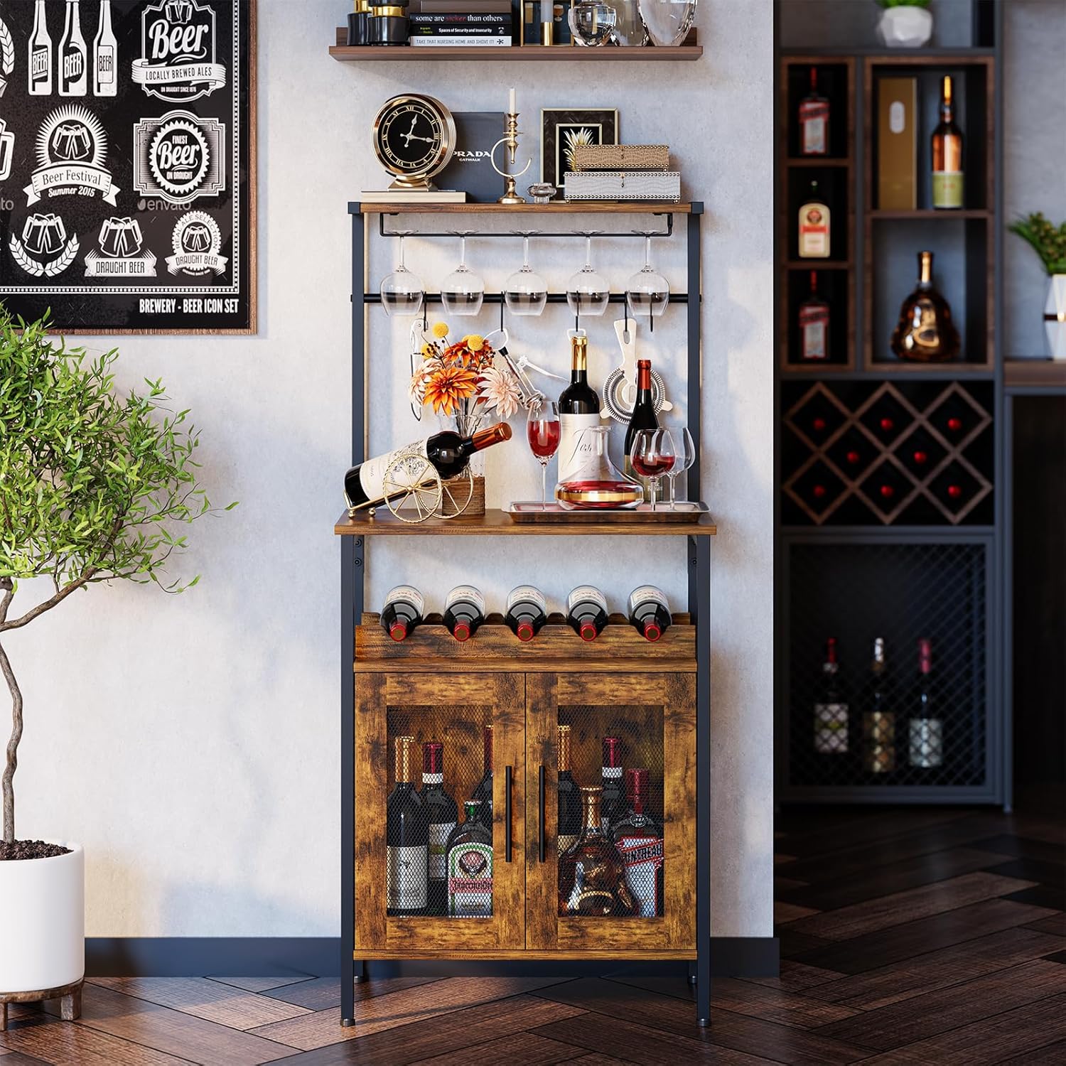 X-cosrack 3-Tier Bar Cabinet with S Hooks Mesh Doors