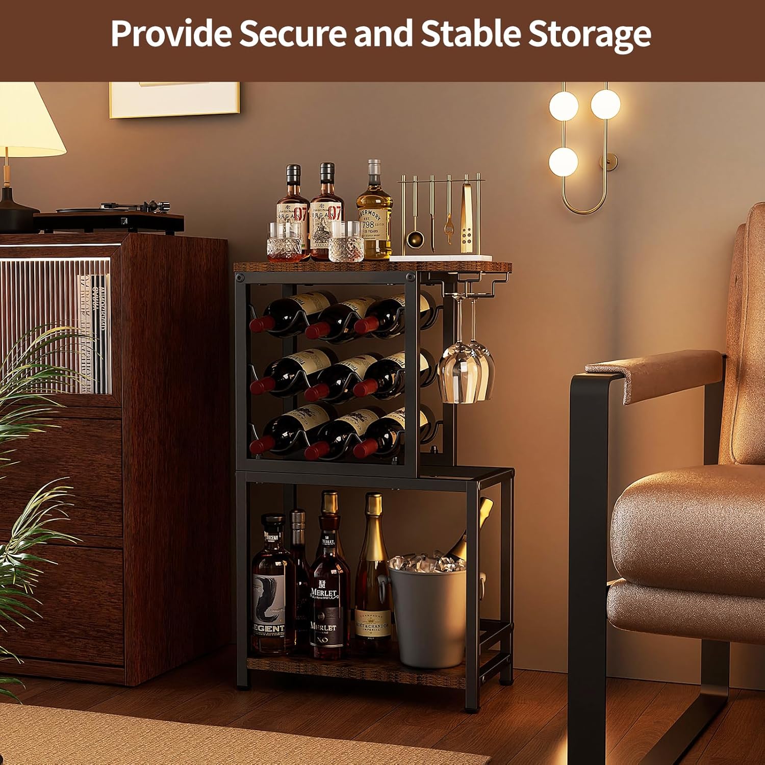Nuovoware 3 Tier Wine Rack Tabletop with Glasses Holder BlackBrown