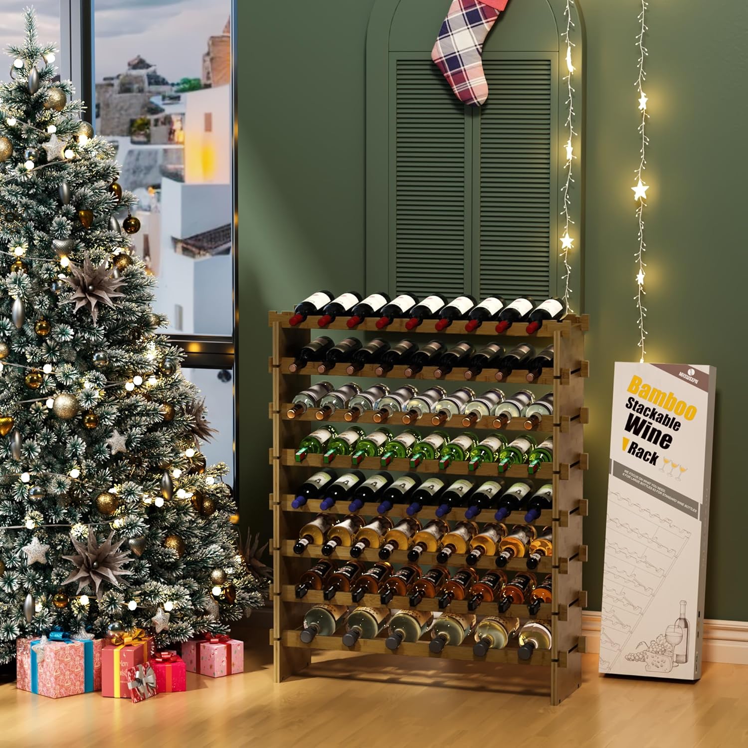 Bamboo 8-Tier Freestanding Wine Rack with Deer Stopper