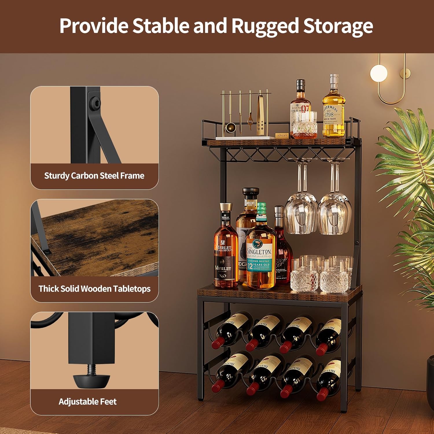 Nuovoware 3-Tier Liquor Cabinet with Wine Rack - Black Retro Brown