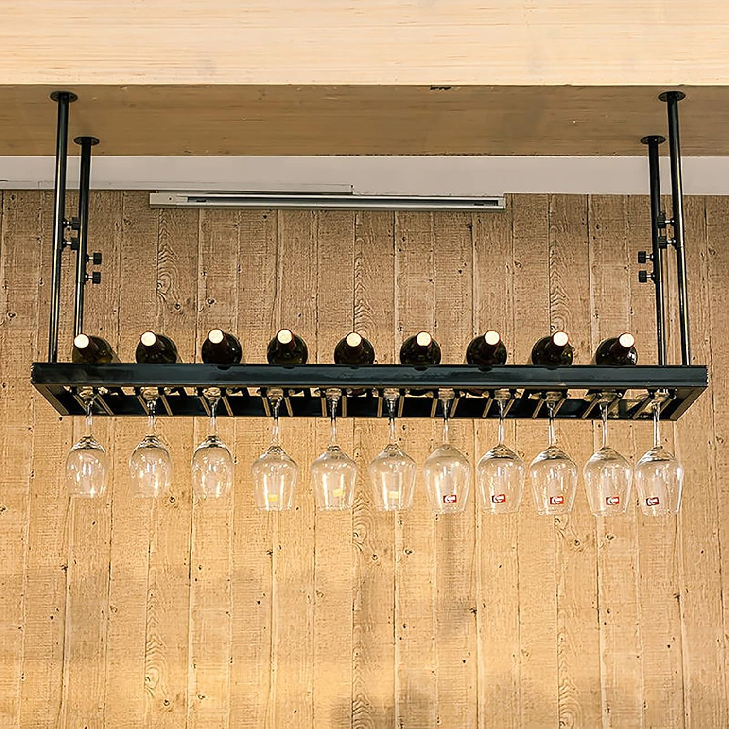 Black Wall-Mounted Wine Rack with Glass Holder Adjustable