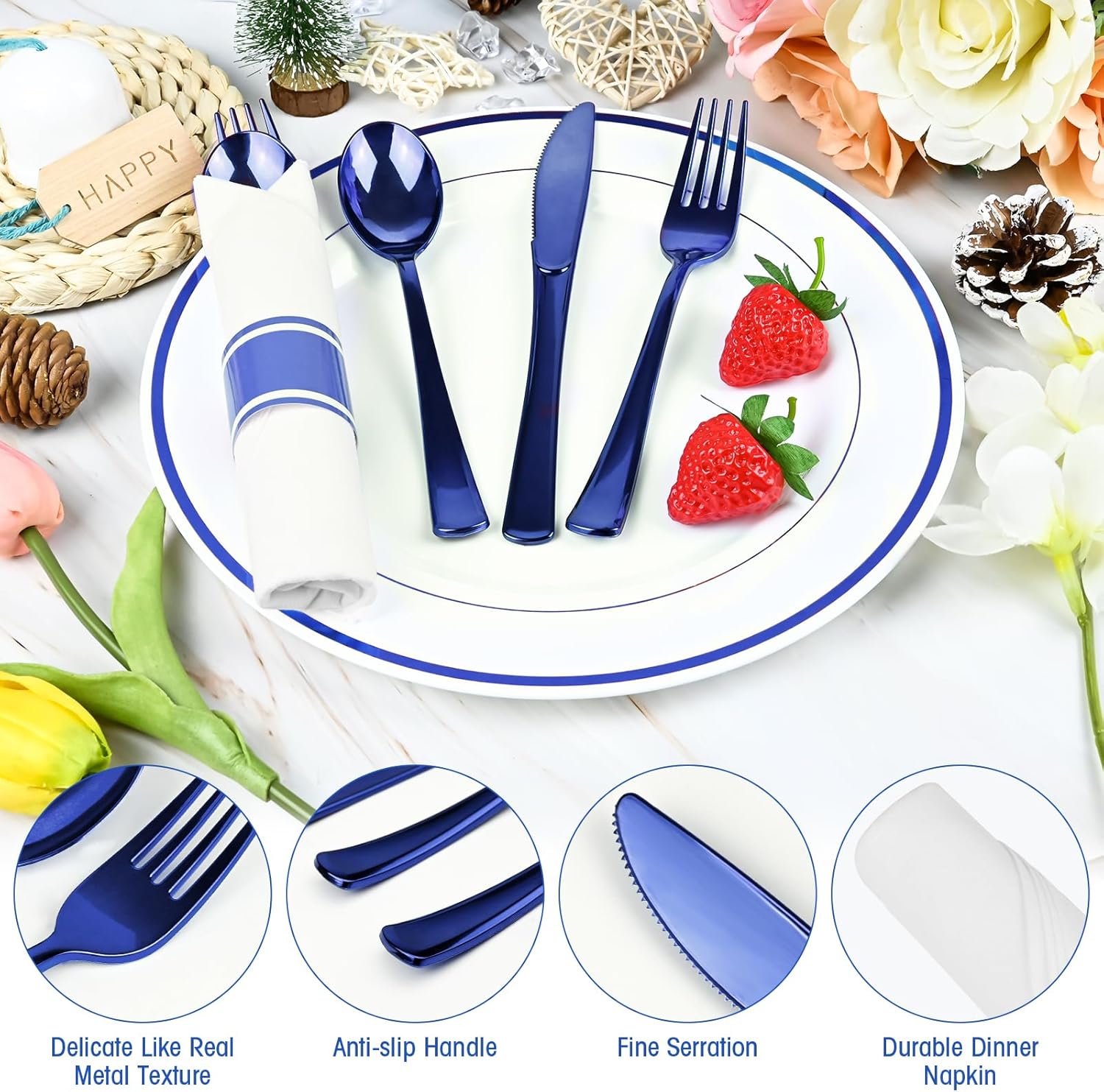 60 Pack Blue Pre-Rolled Plastic Cutlery Set