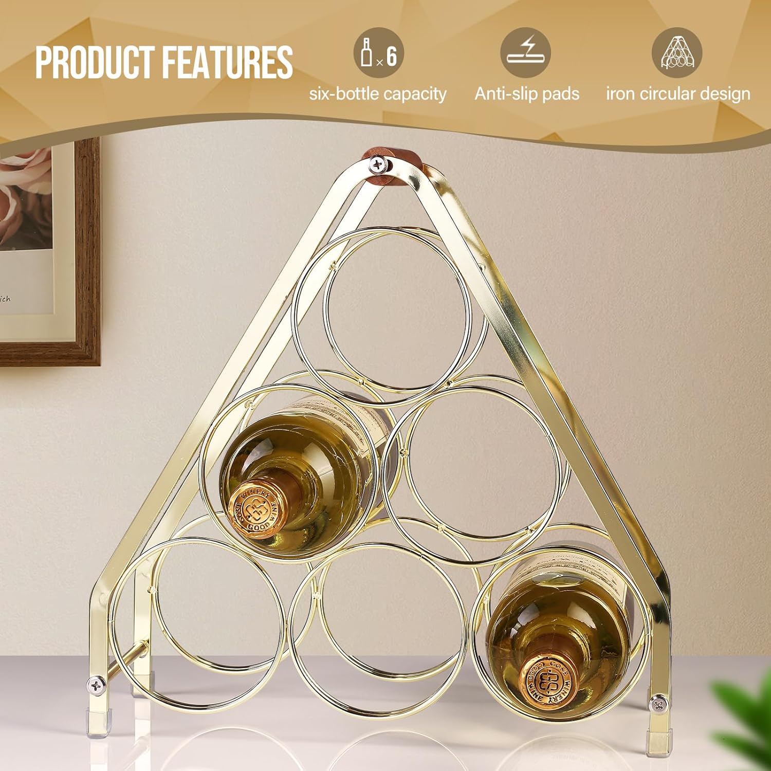 Drincarier 6 Bottle Countertop Wine Rack - 3 Tier Modern Gold Metal Design