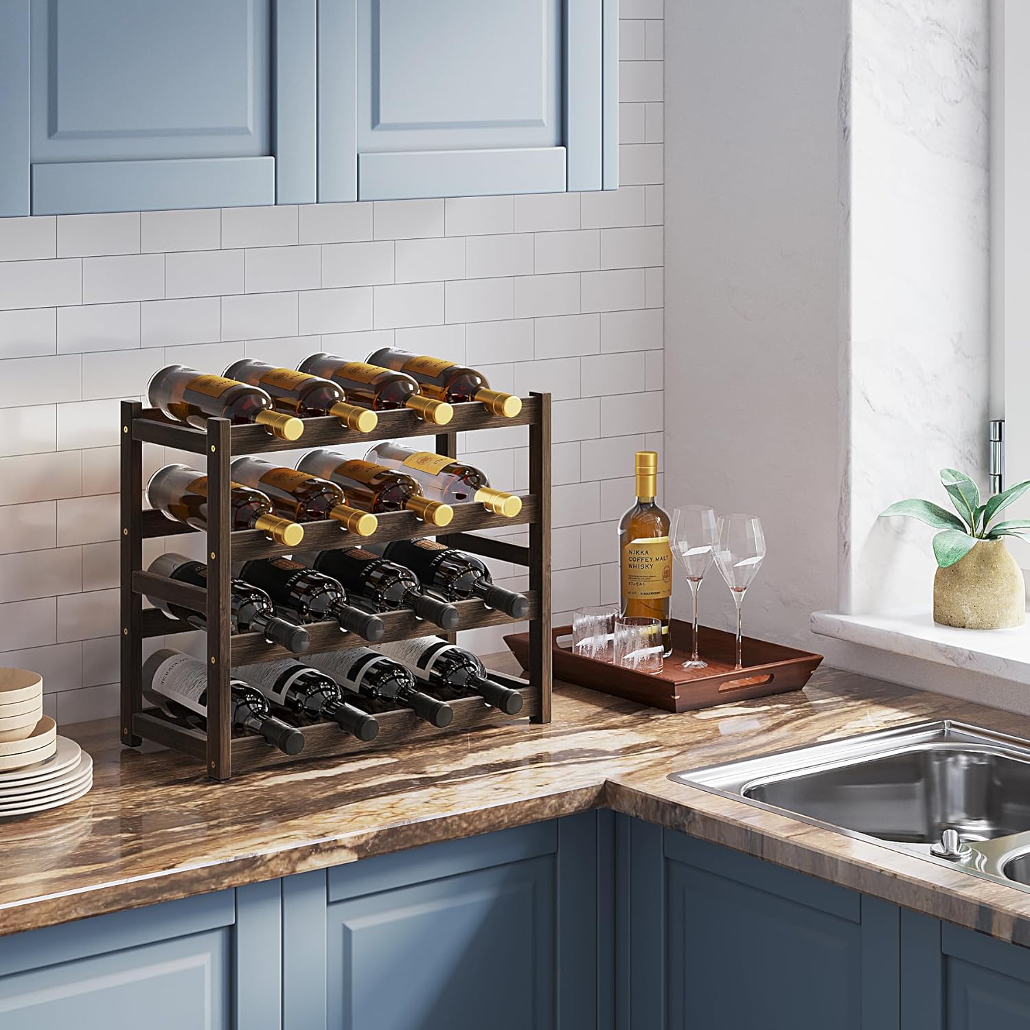 BAMEOS 4 Tier Bamboo Wine Rack Freestanding