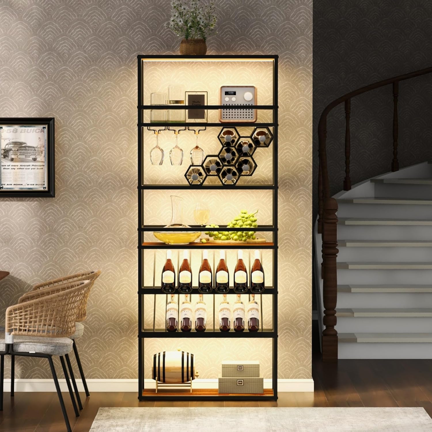 High Bar Wine Rack with LED Light 7-Layer Storage