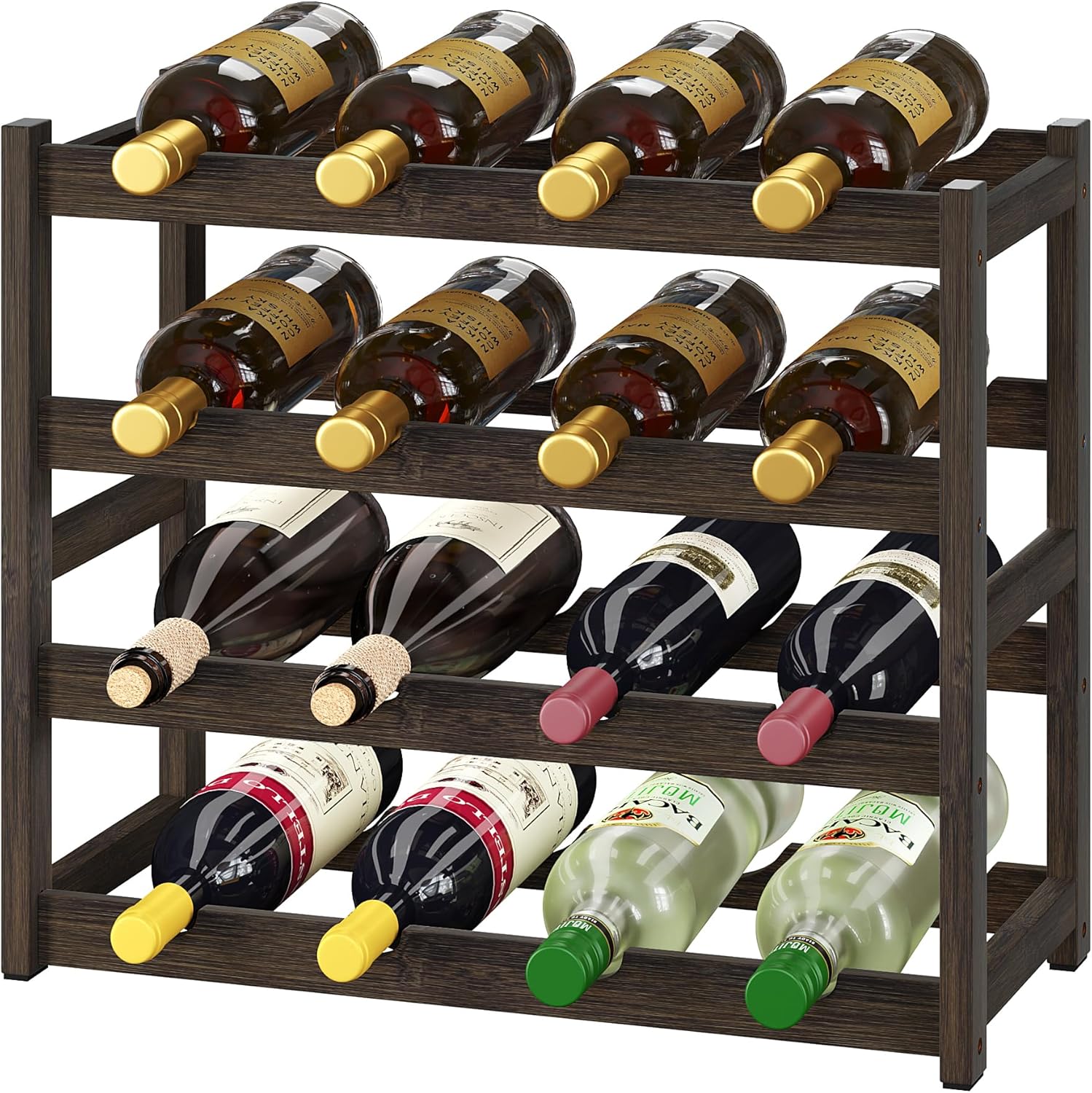 BAMEOS 4 Tier Bamboo Wine Rack Freestanding