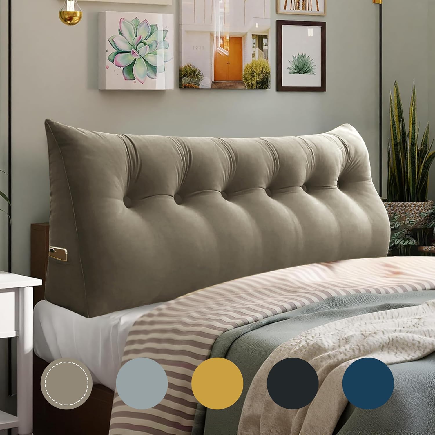 WOWMAX Velvet Bed Wedge Pillow California King 71x8x20 Inches Beige-Gray