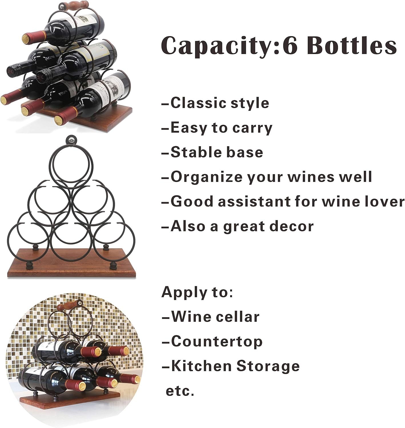 ALLCENER 6-Bottle Countertop Wine Rack with Copper Wood