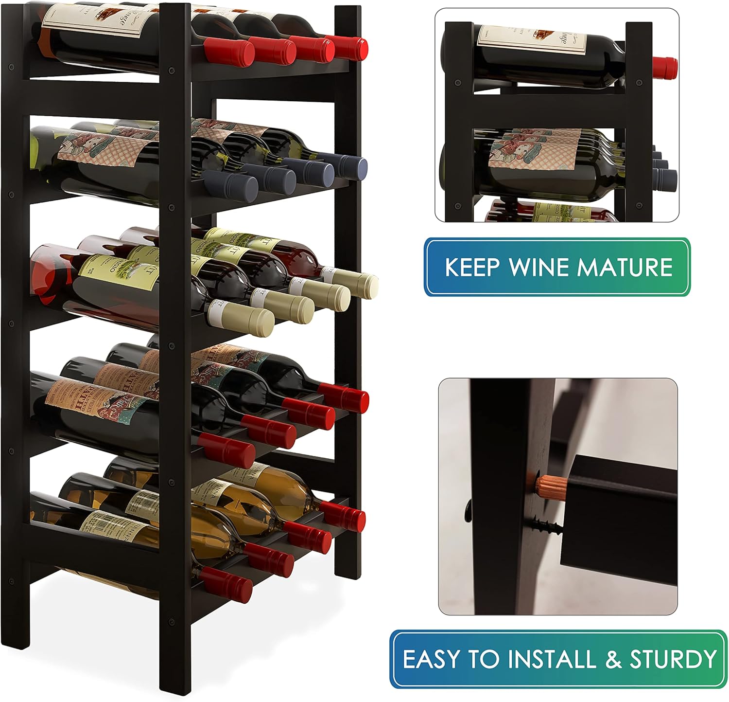 SMIBUY Bamboo Wine Rack 5-Tier 20-Bottle Storage Shelf Black