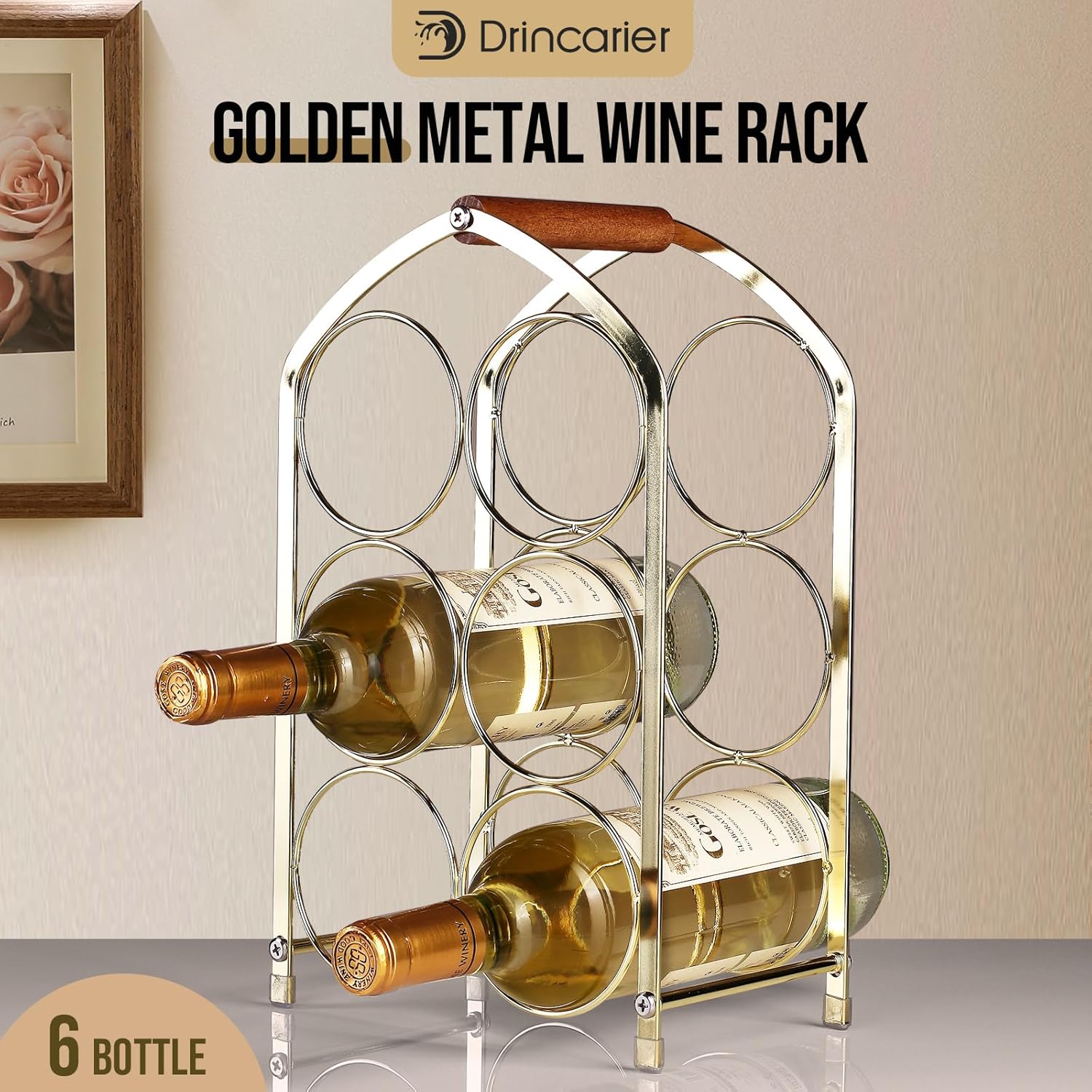 Drincarier 6 Bottle Countertop Wine Rack - Gold Metal 3 Tier Storage Stand