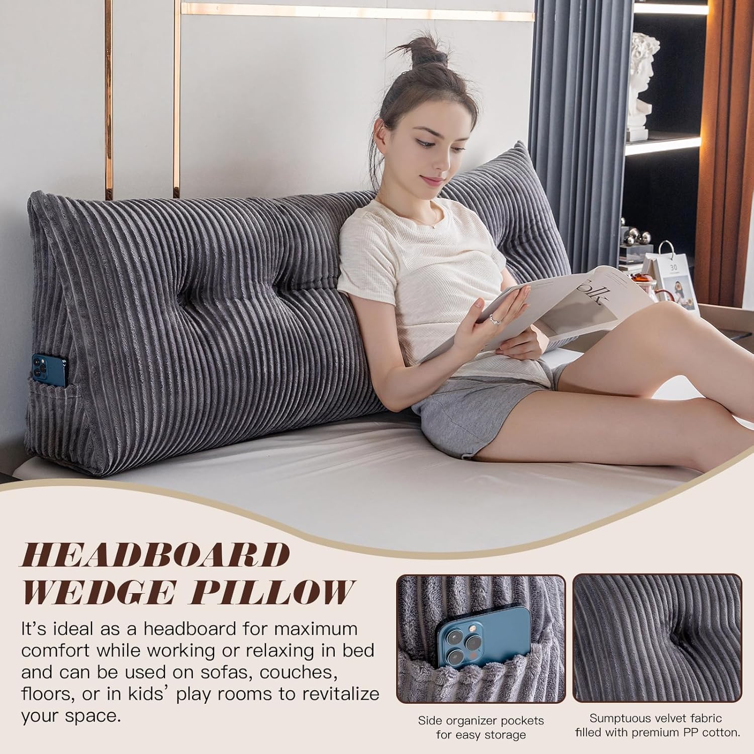 Activance Large Triangular Headboard Pillow with Removable Cover Grey