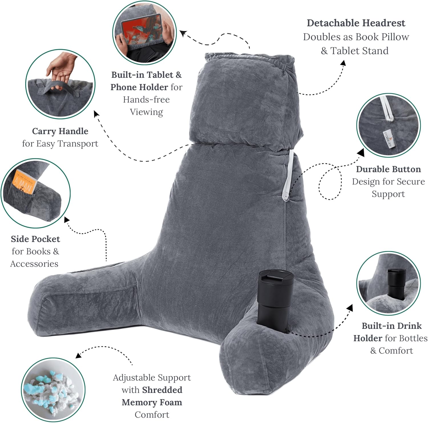 XL Memory Foam Reading Pillow with Armrests and Cup Holder - Charcoal Grey