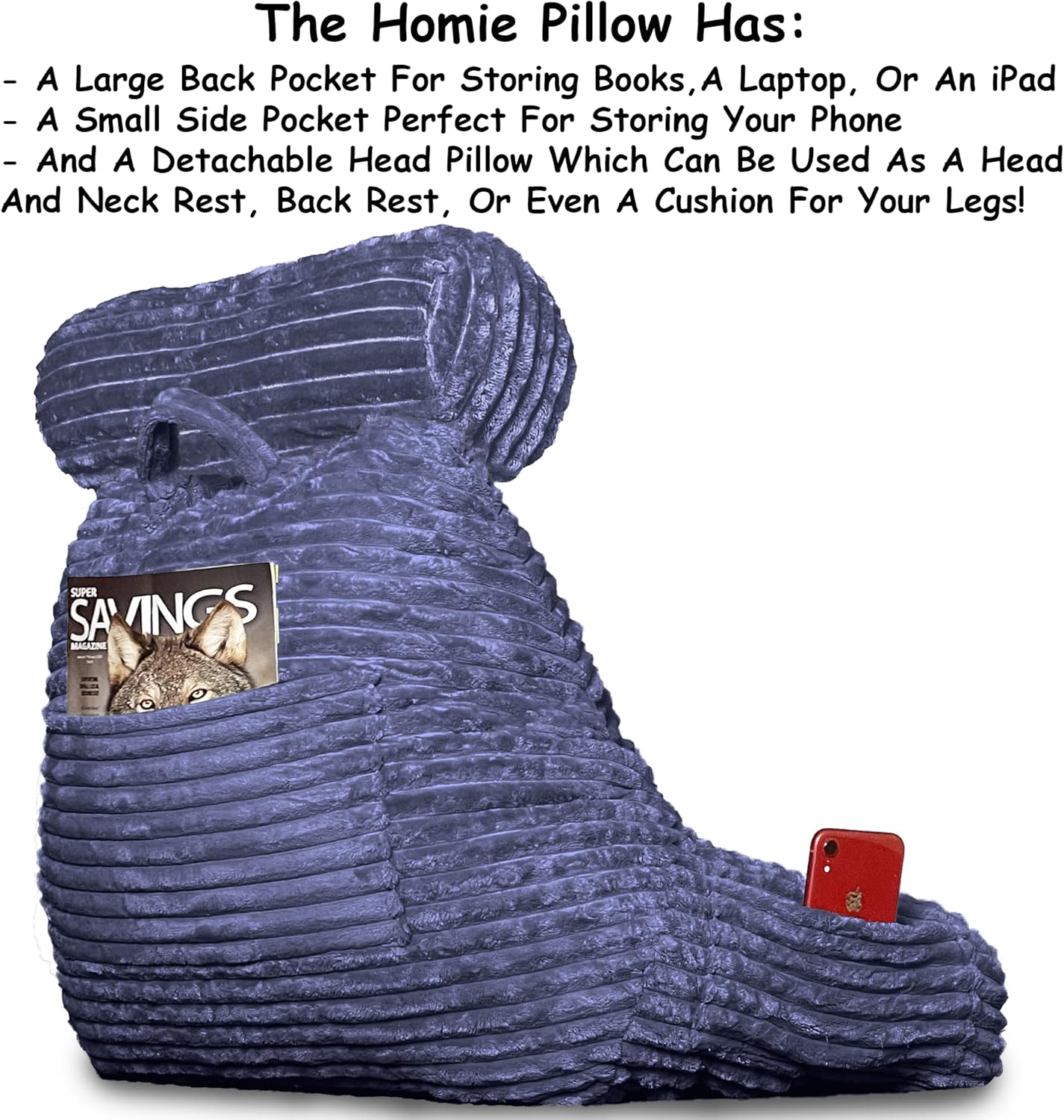 Homie Reading Pillow with Light Wrist Back Support - Large Blue