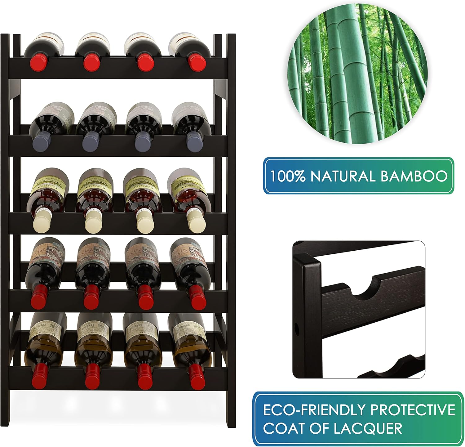 SMIBUY Bamboo Wine Rack 5-Tier 20-Bottle Storage Shelf Black