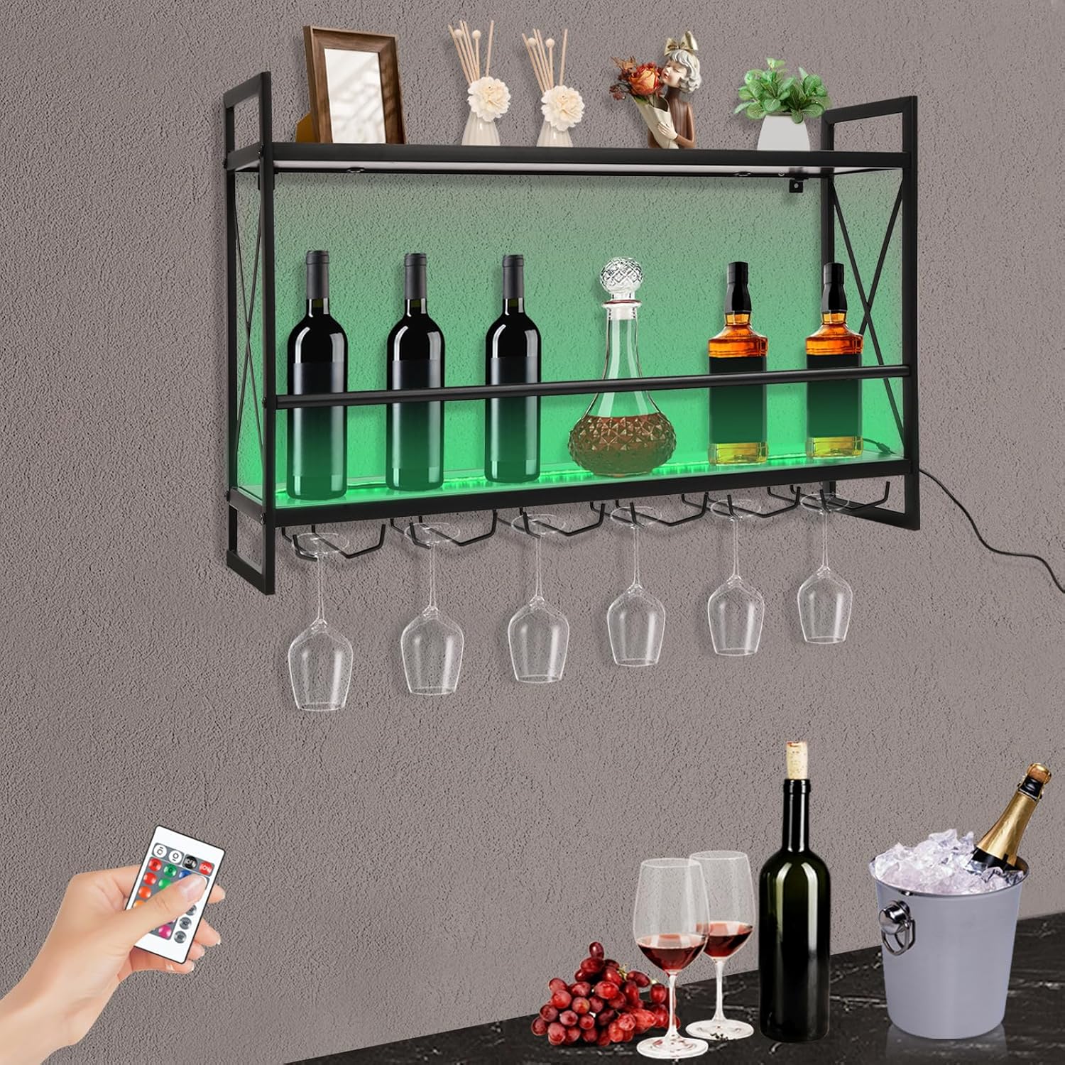 Industrial Wine Bar Cabinet with LED Light and 2 Tier Shelves