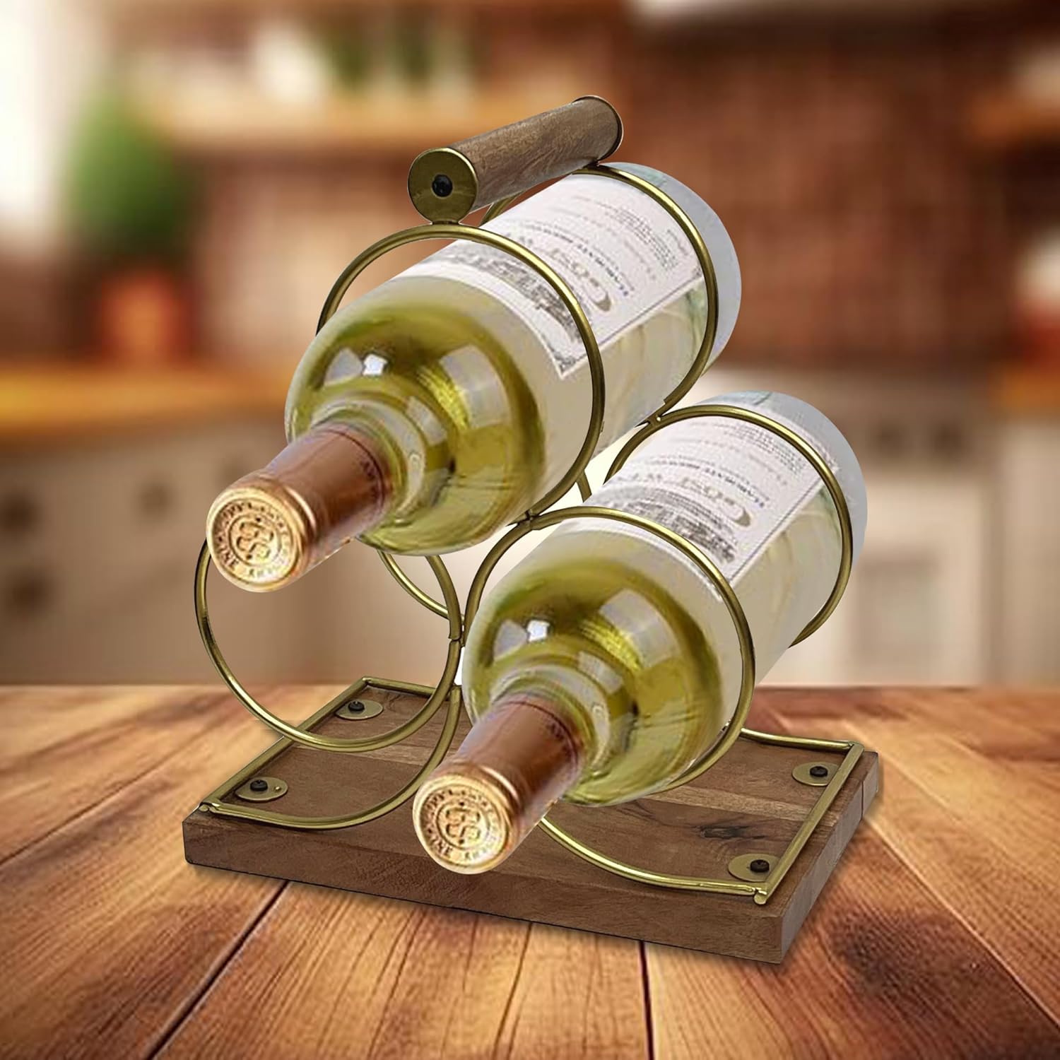 3 Bottles Freestanding Tabletop Wine Holder with Gold Finish