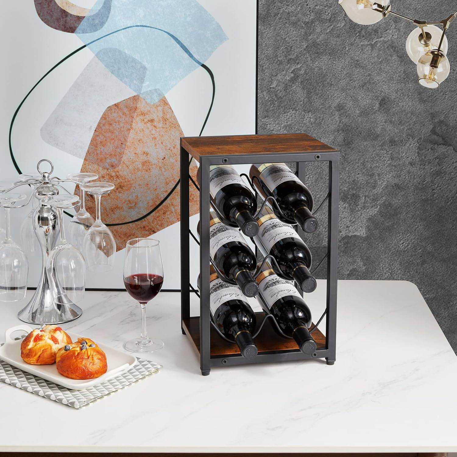 IBUYKE 6-Bottle Rustic Wood Wine Rack 3 Tier Freestanding