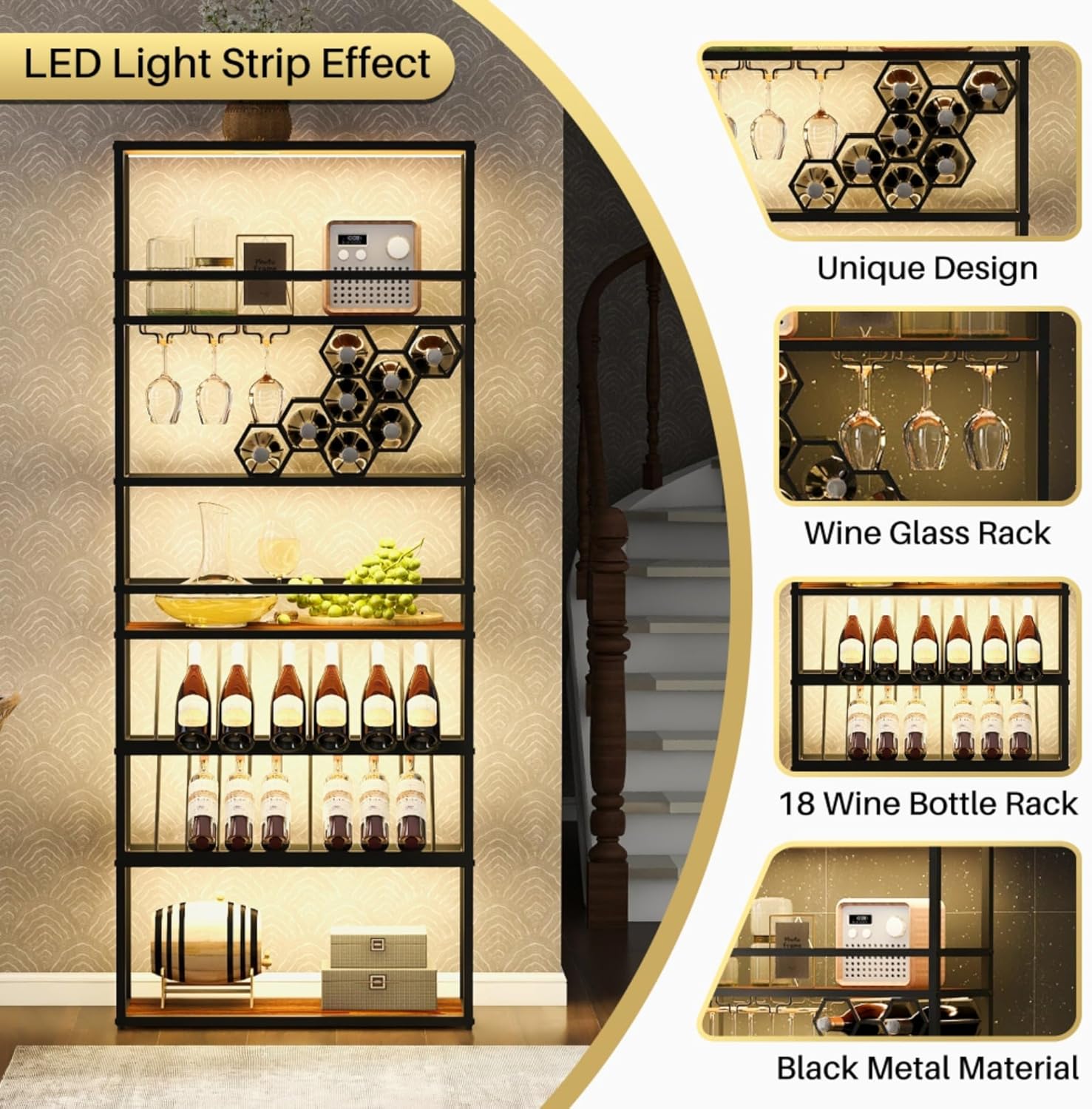 High Bar Wine Rack with LED Light 7-Layer Storage