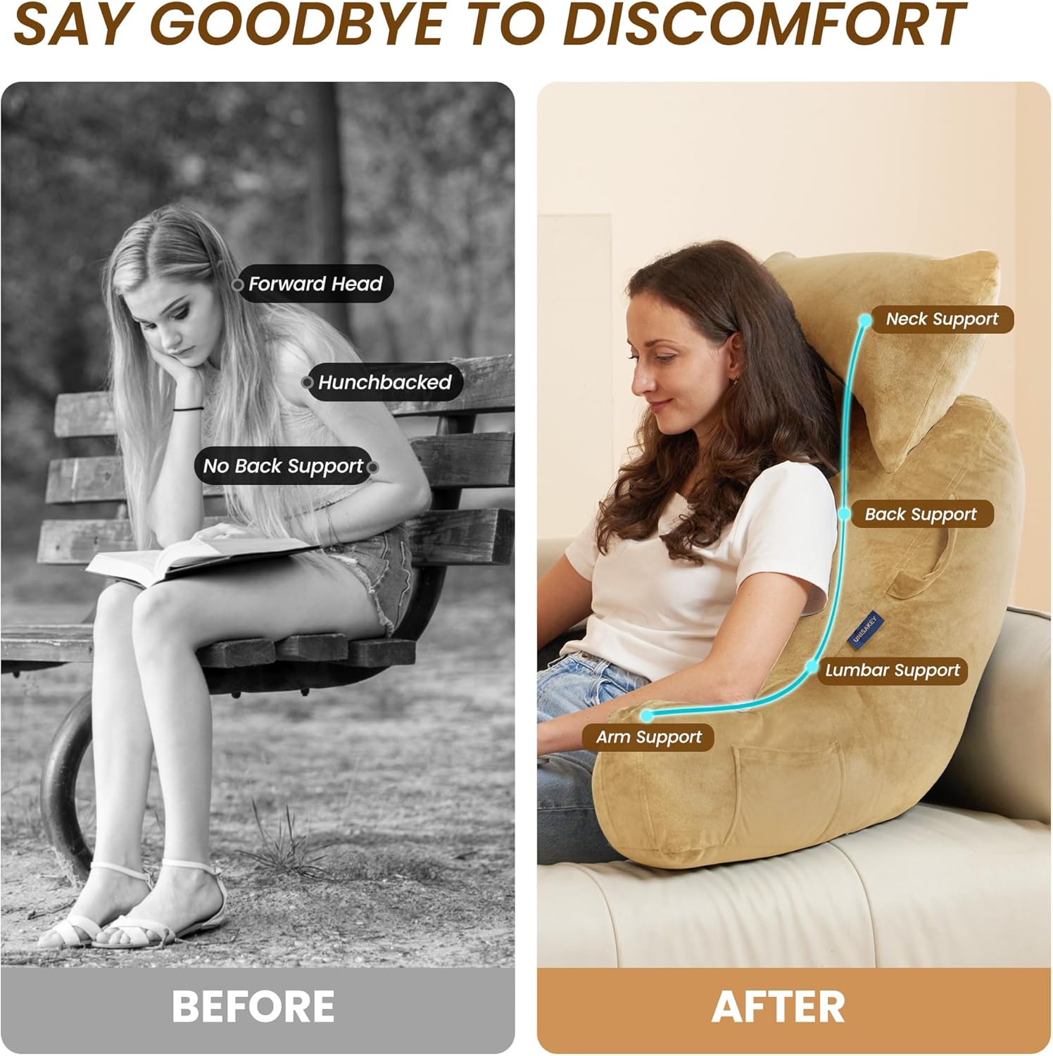 Unisakey Portable Reading Pillow with Headrest and Pockets