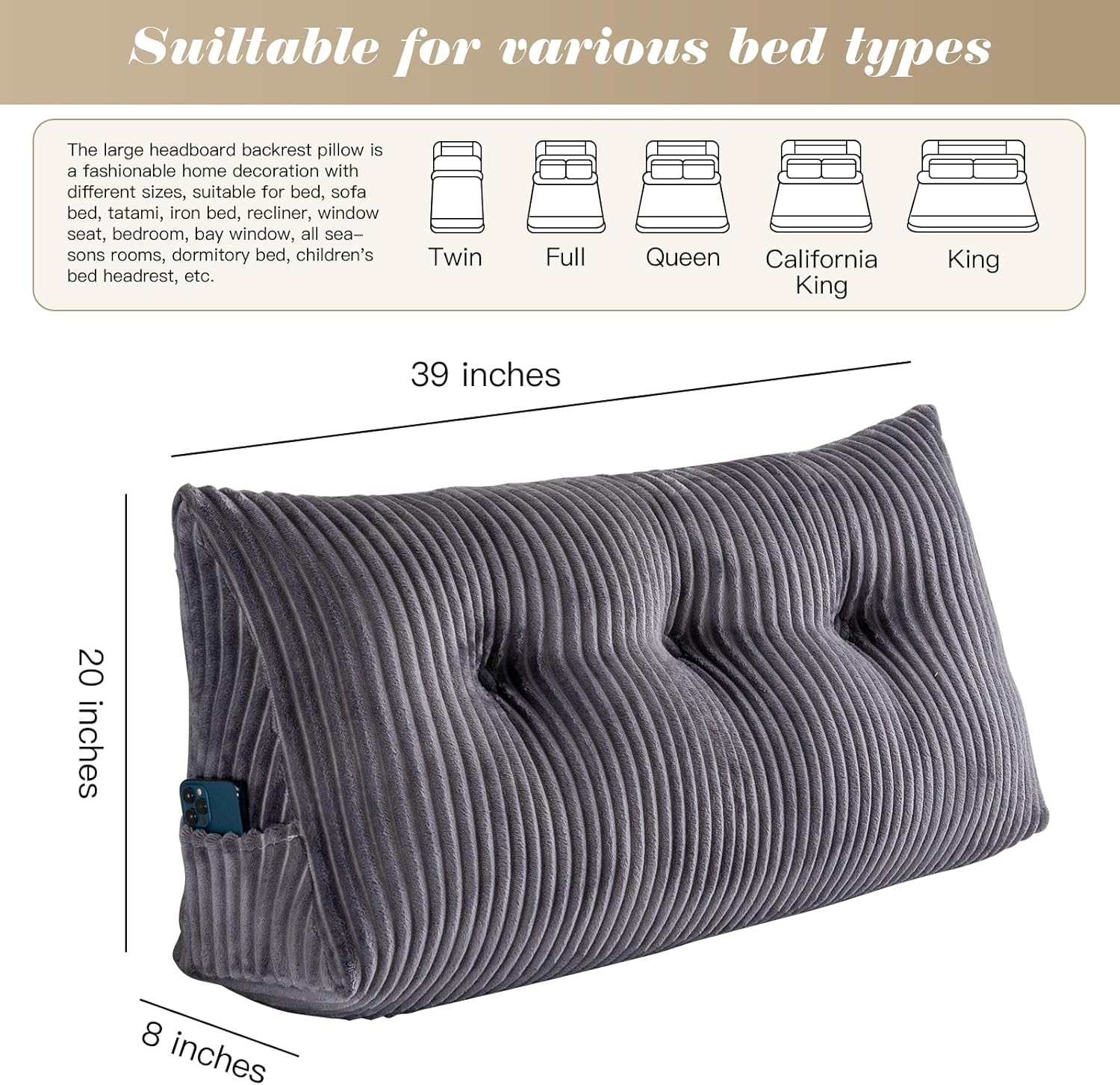 Activance Large Triangular Headboard Pillow with Removable Cover Grey