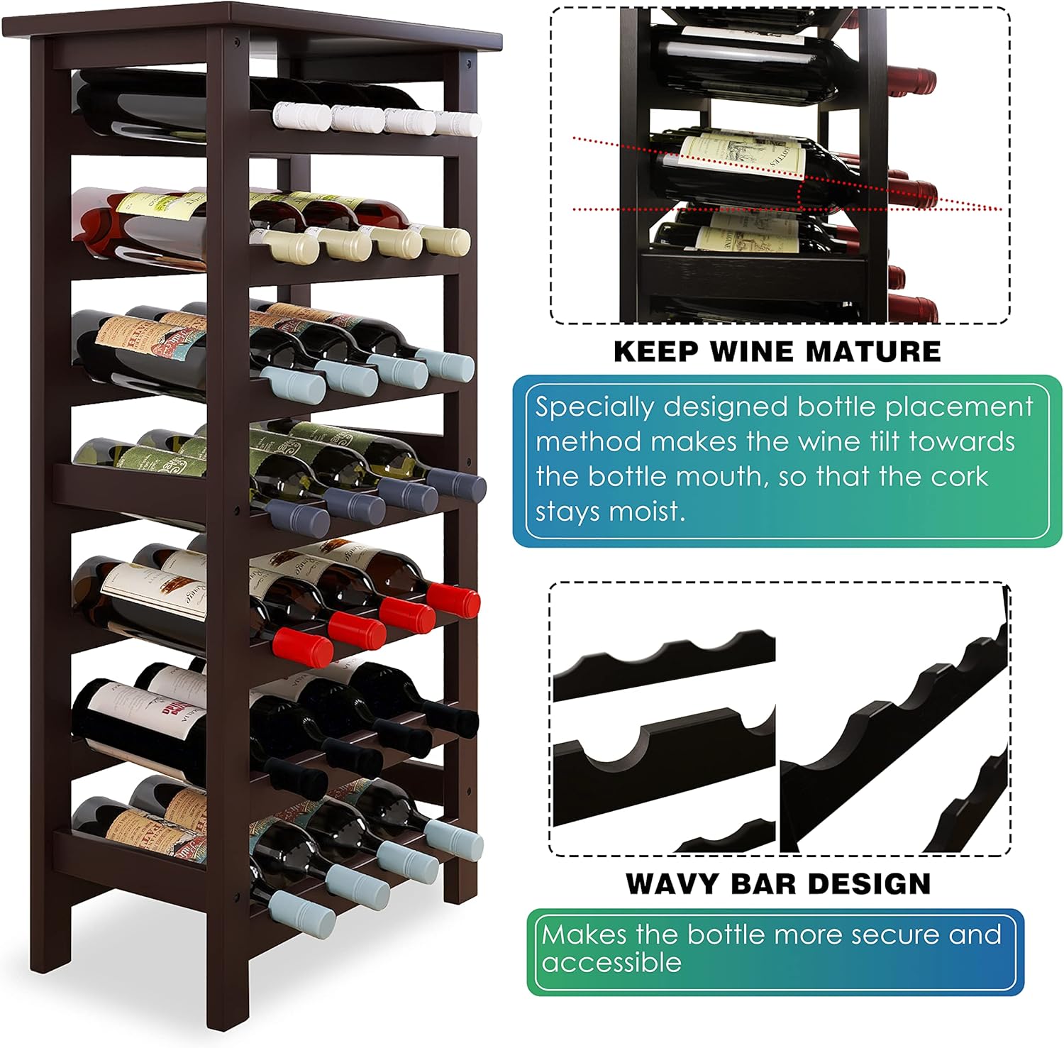 SMIBUY Bamboo Wine Rack 28 Bottles 7-Tier