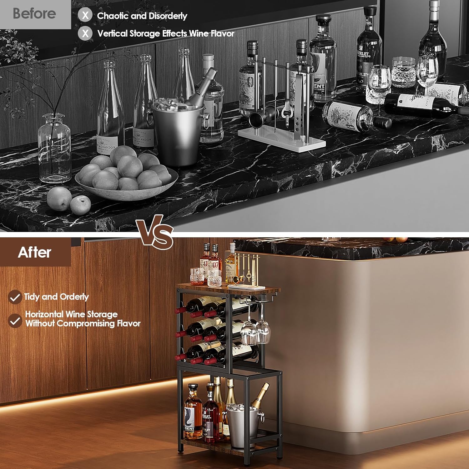 Nuovoware 3 Tier Wine Rack Tabletop with Glasses Holder BlackBrown