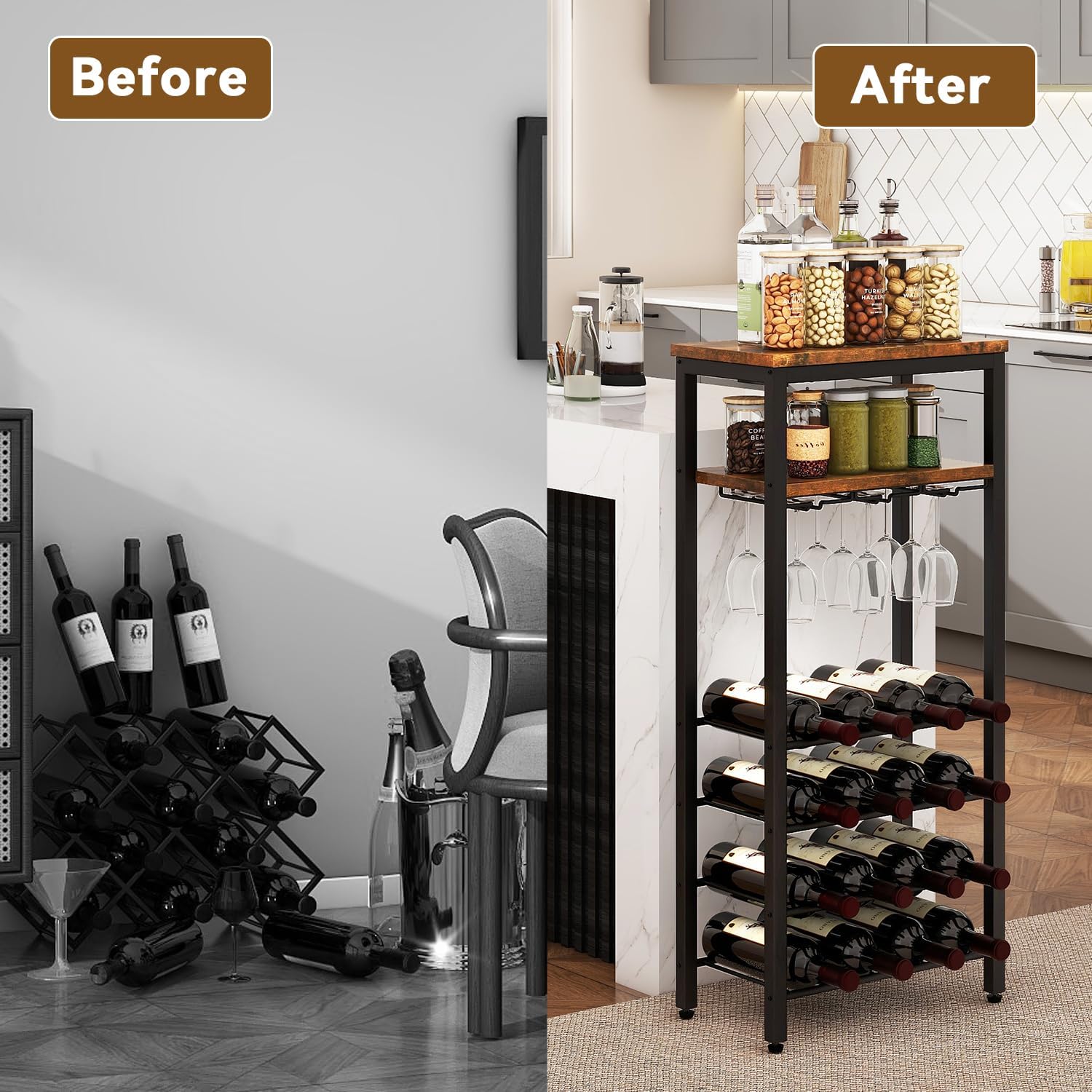 IBUYKE Freestanding Wine Rack 16 Bottles 2-Tier Tabletop with Glass Holders