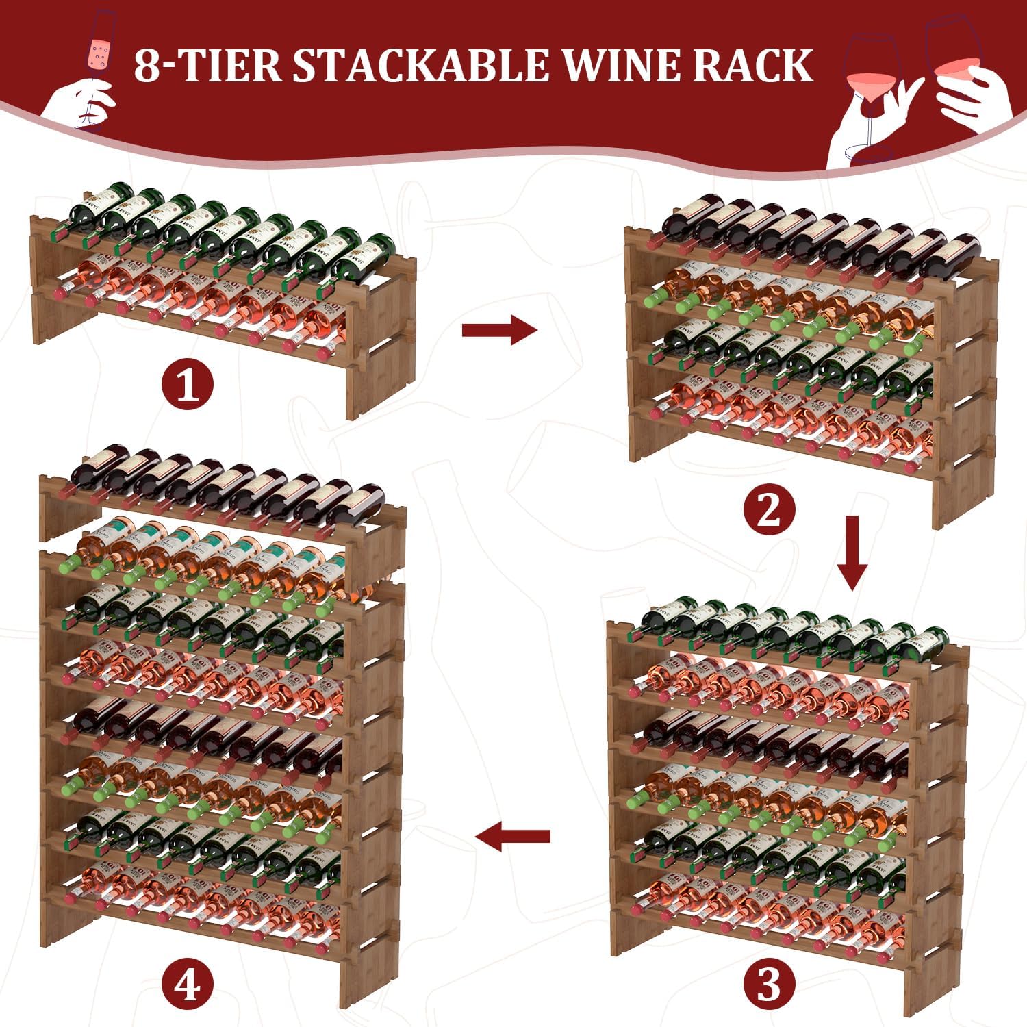 Domax 8 Tier Freestanding Wine Rack - 72 Bottle Capacity Bamboo Storage