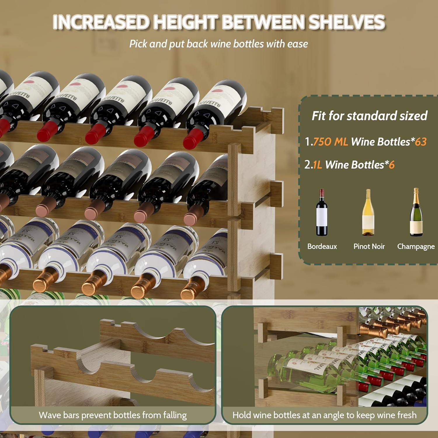 Bamboo 8-Tier Freestanding Wine Rack with Deer Stopper