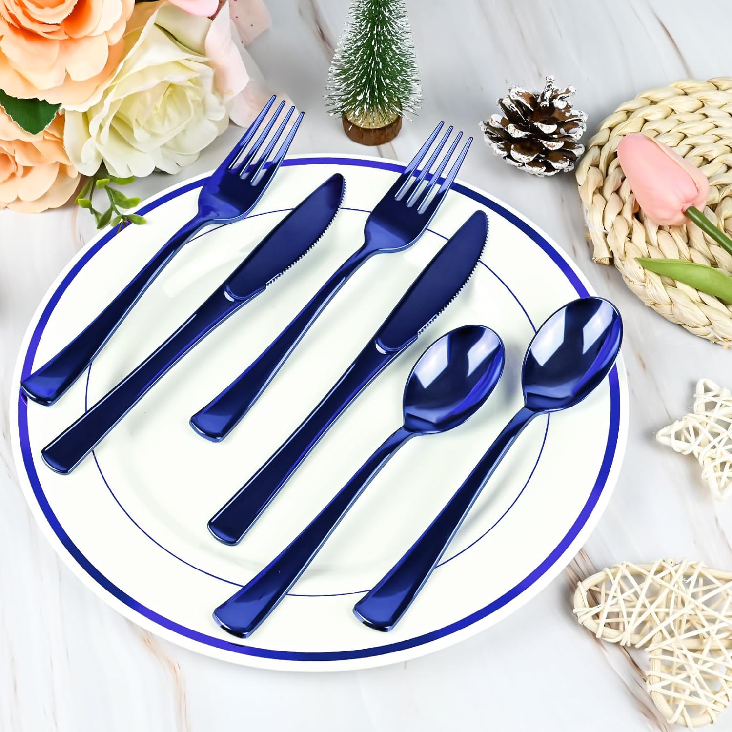 60 Pack Blue Pre-Rolled Plastic Cutlery Set