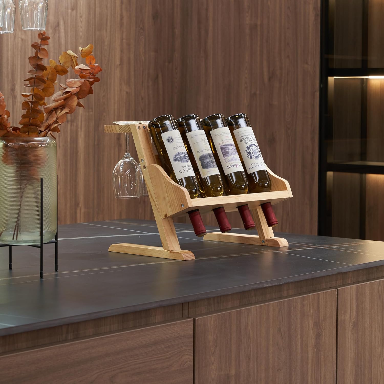 Stylish Pine Wood Wine Rack with Cup Holder