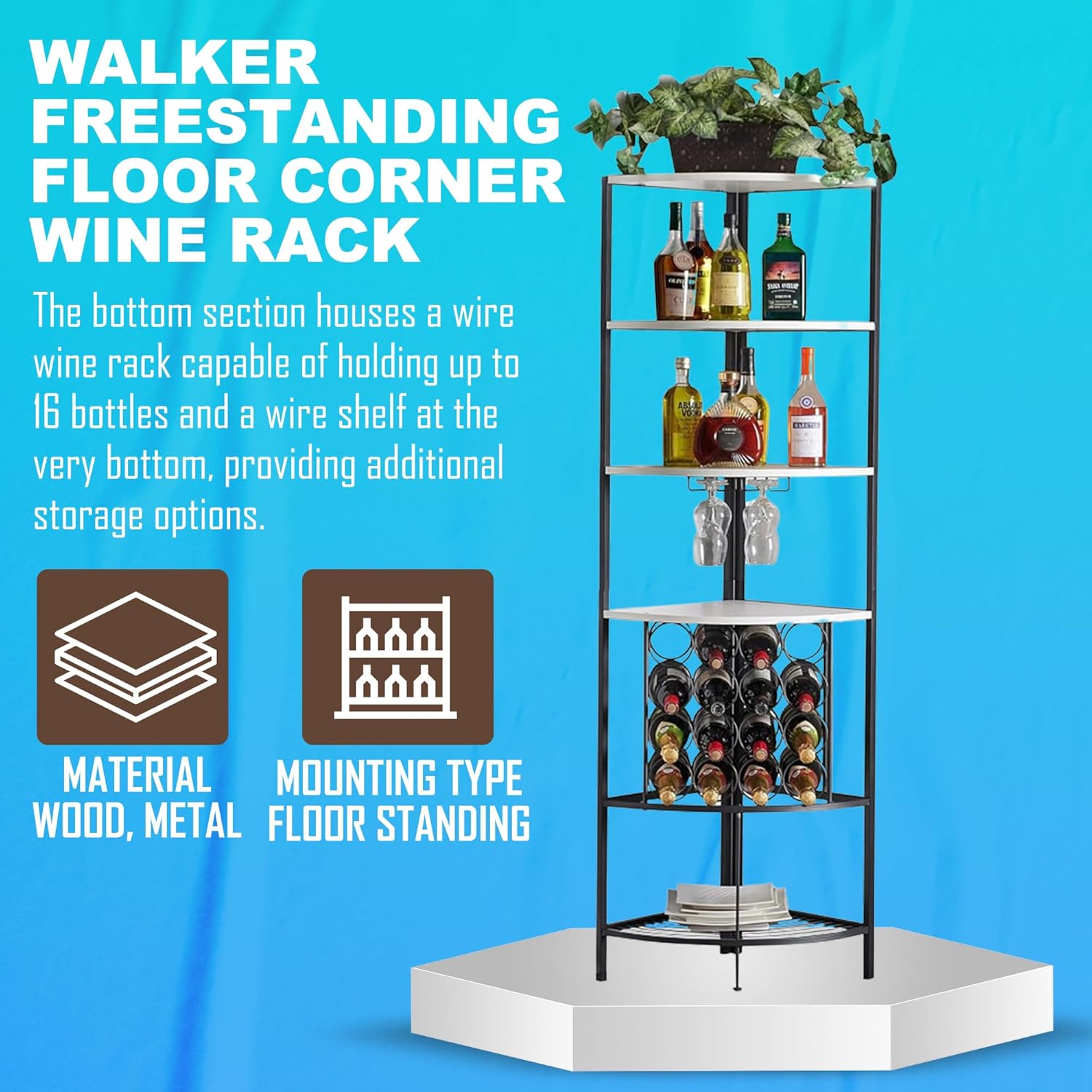 5 Tier Corner Wine Rack with Glass Holder White OakBlack