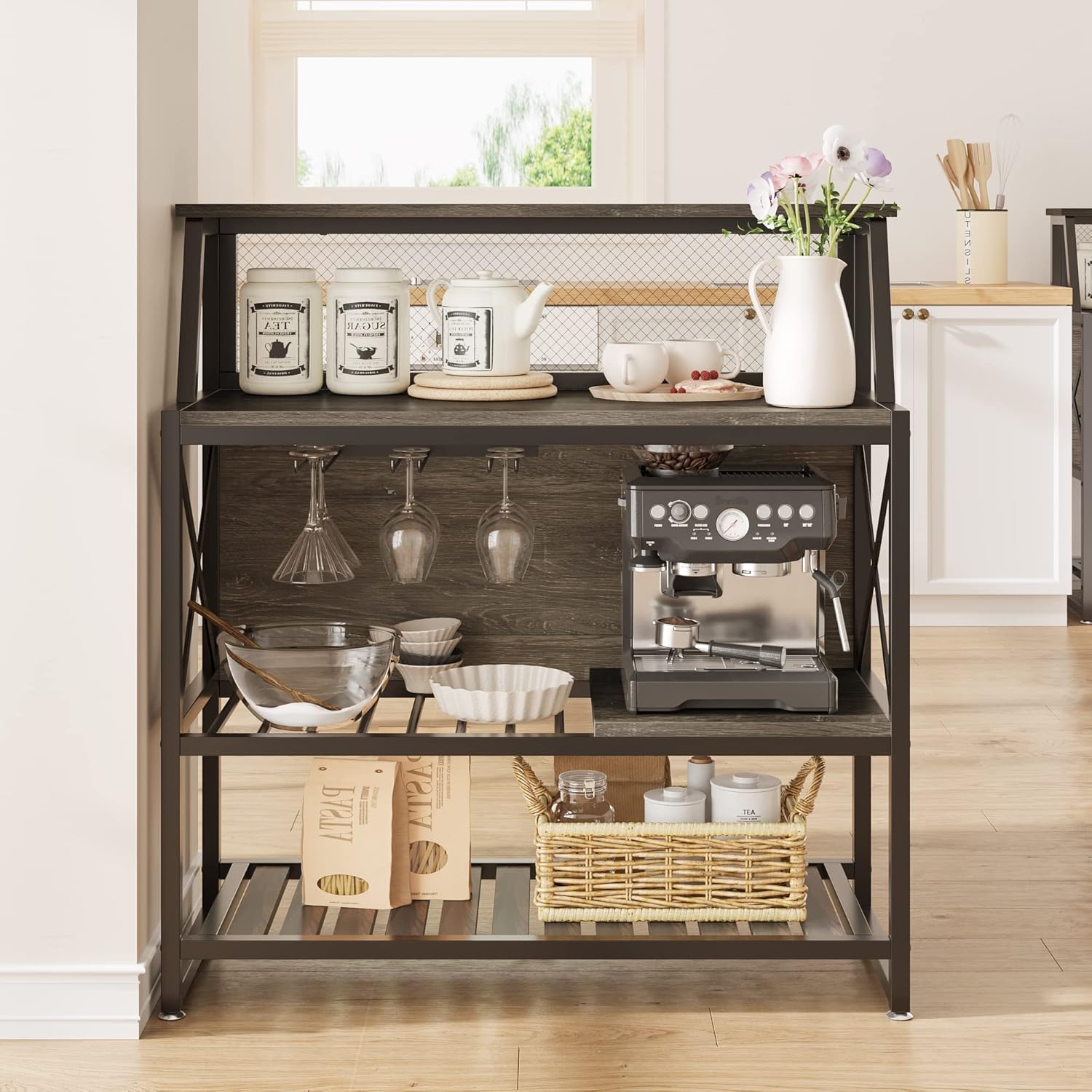 Bestier Freestanding Wine Rack Coffee Bar Table with Storage Gray