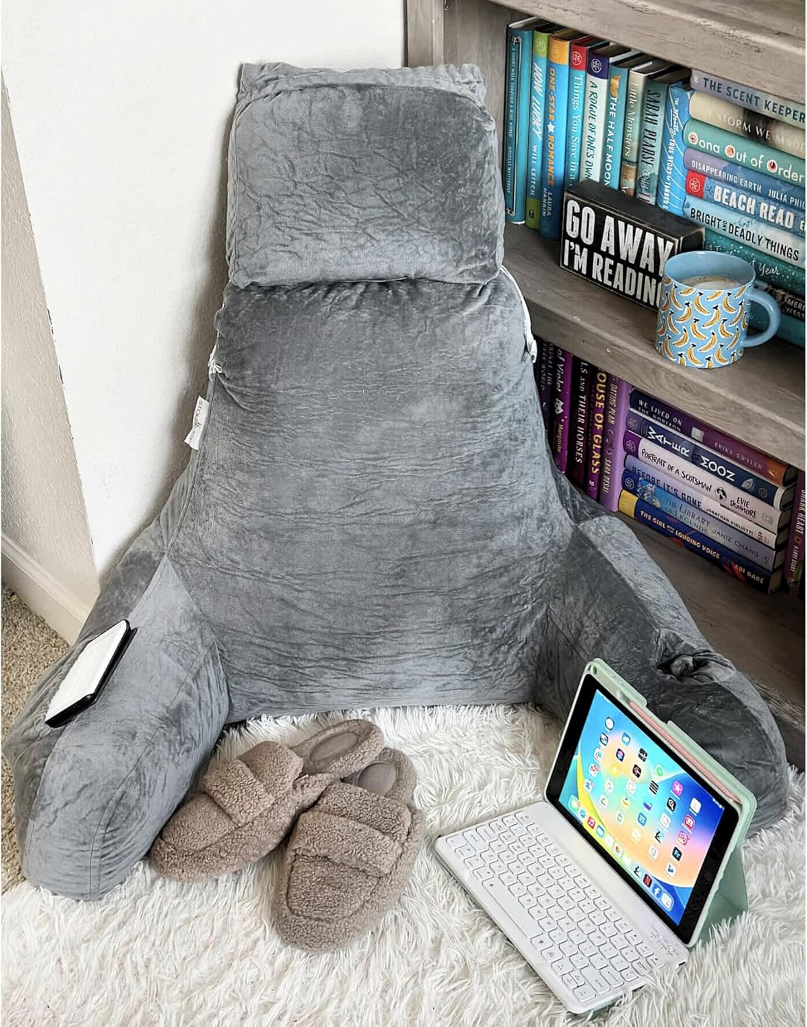 XL Memory Foam Reading Pillow with Armrests and Cup Holder - Charcoal Grey