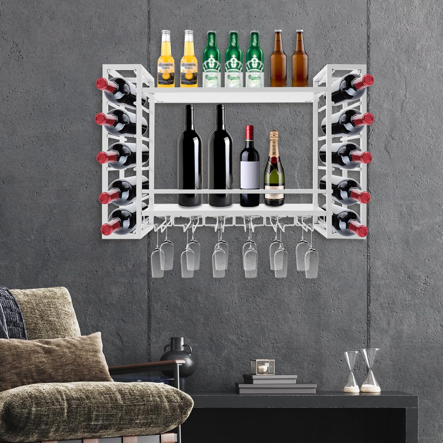 Wall Mounted Wine Rack with Glass Holders - 2-Tier White 33In