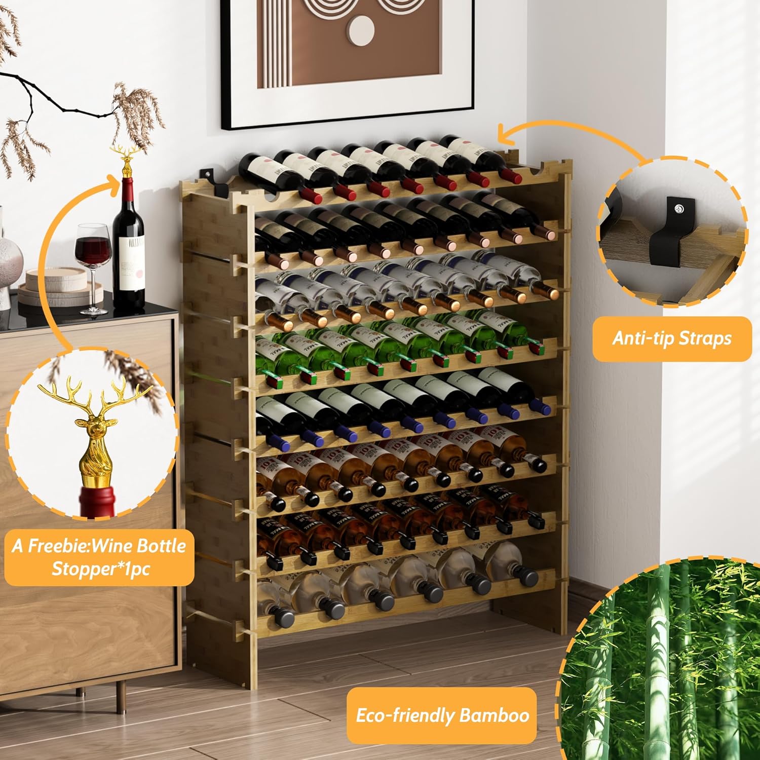 Bamboo 8-Tier Freestanding Wine Rack with Deer Stopper