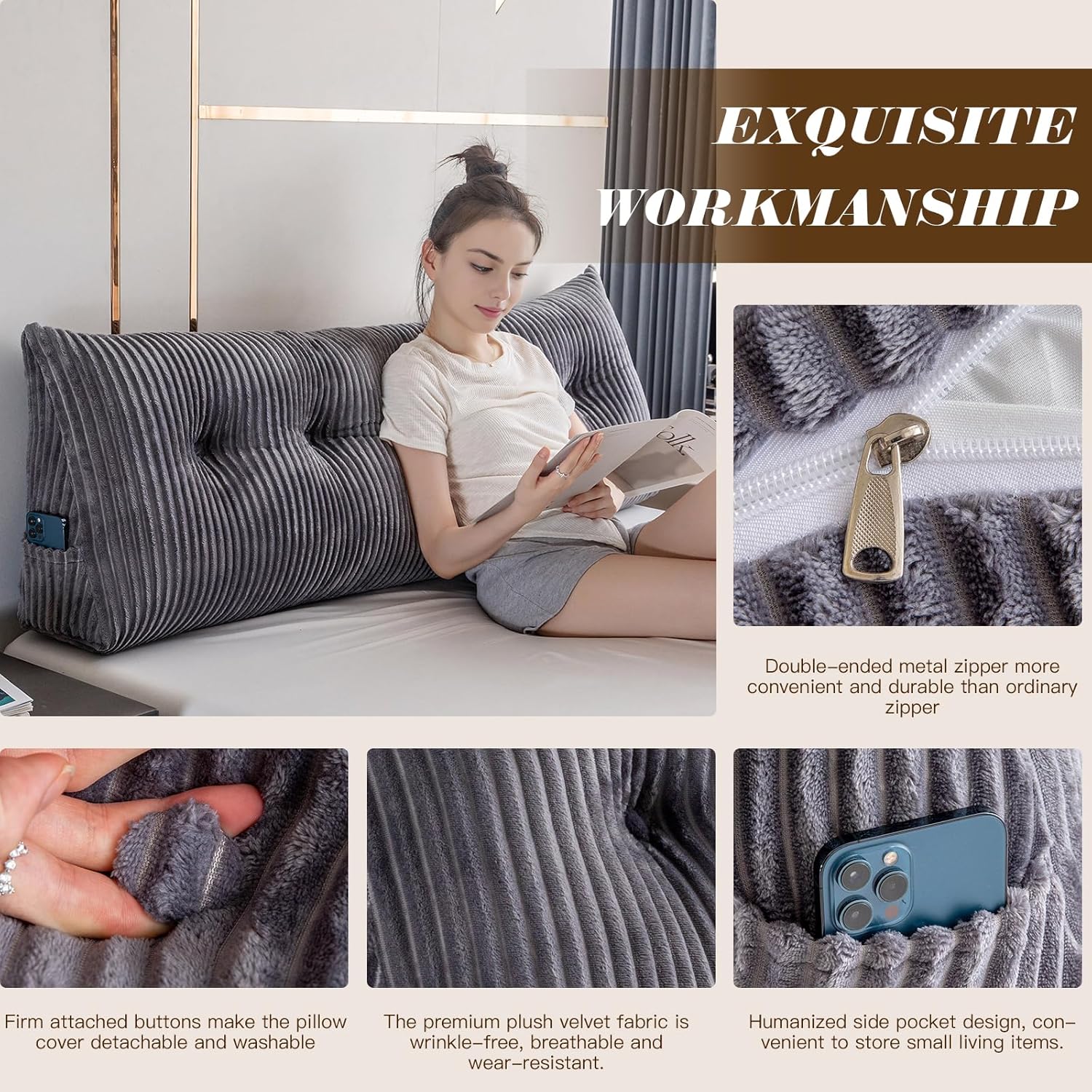 Activance Large Triangular Headboard Pillow with Removable Cover Grey