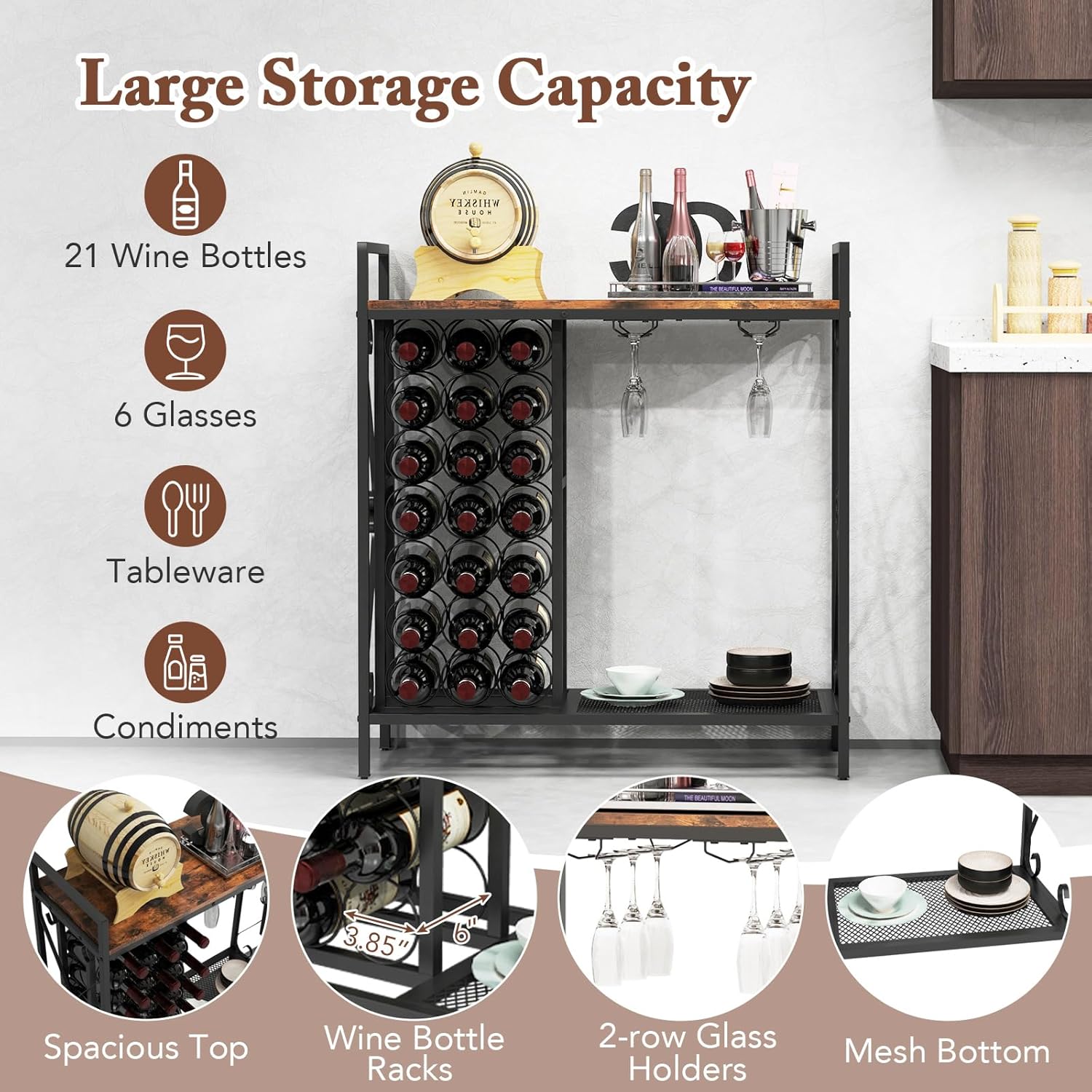 LOKO 21-Bottle Wine Rack with Glass Holder and Metal Frame