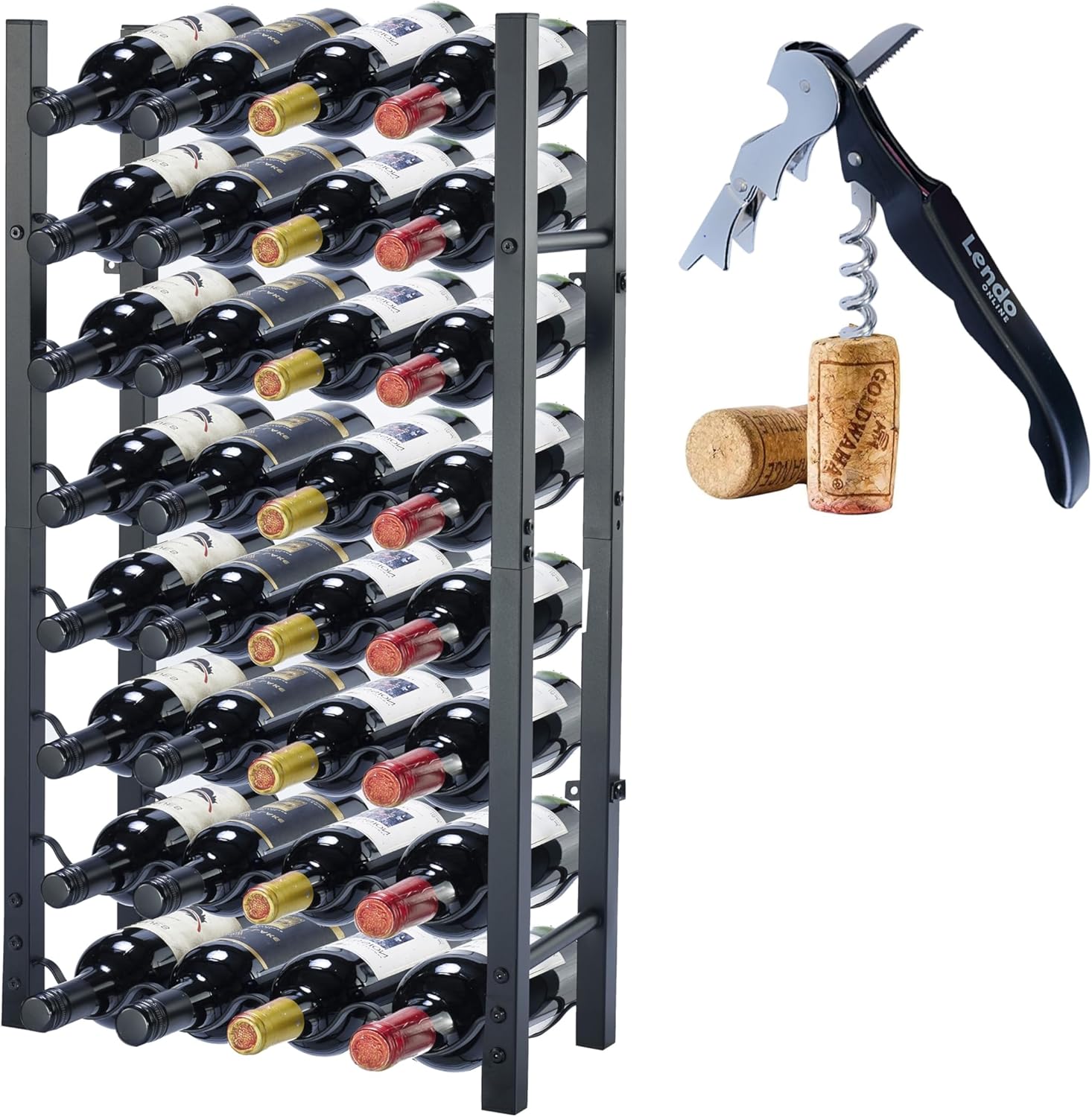 Dntum Wine Rack with Corkscrew - Black Steel 32 Bottles 1