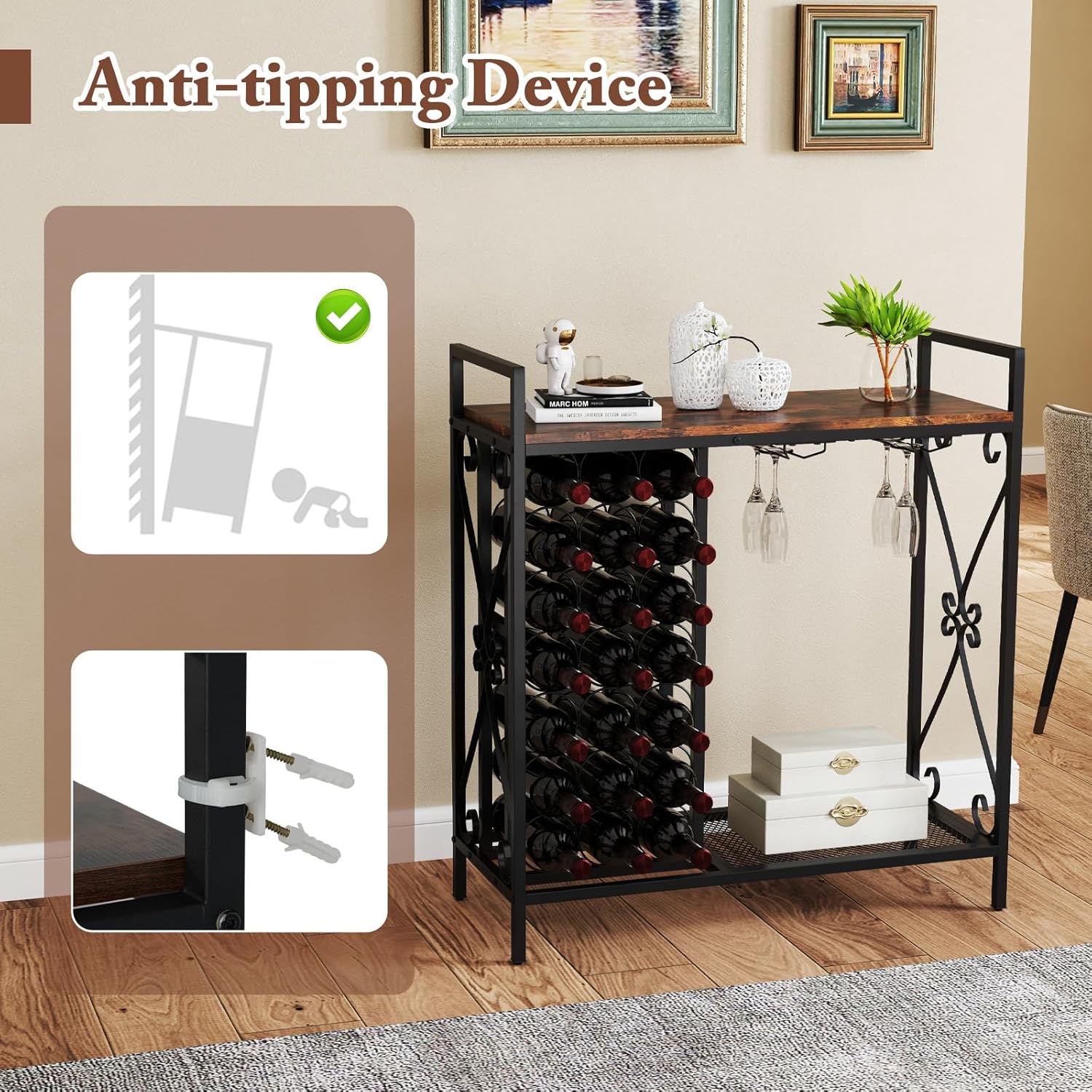 LOKO 21-Bottle Wine Rack with Glass Holder and Metal Frame