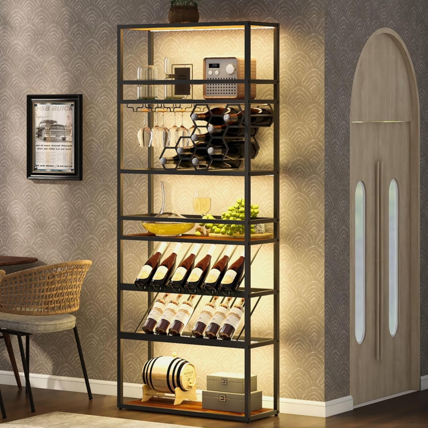 High Bar Wine Rack with LED Light 7-Layer Storage