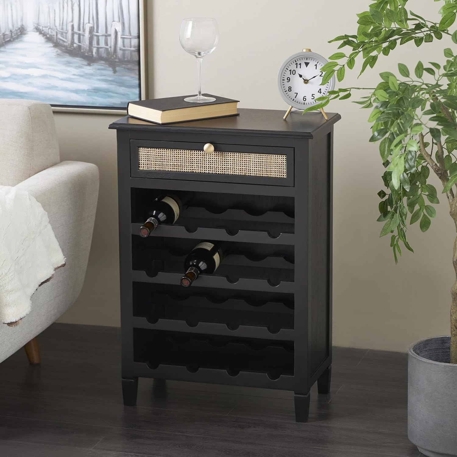 Deco 79 12-Bottle Freestanding Wine Rack with Drawer Black